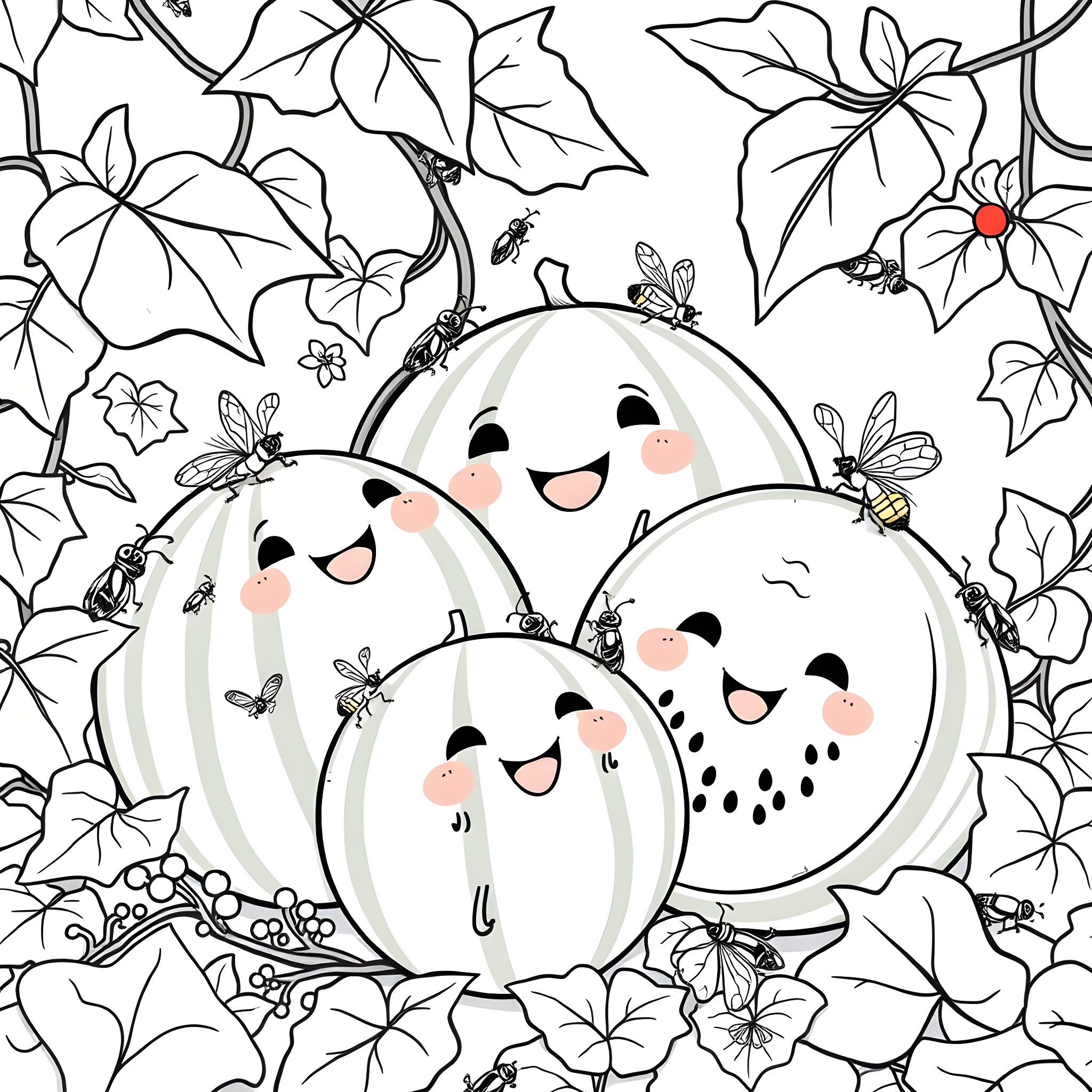 Watermelon friends surrounded by nature Coloring Page (free black-and-white line drawing printable PDF for all, from beginners to advanced learners, including children, teens, adults, and seniors)