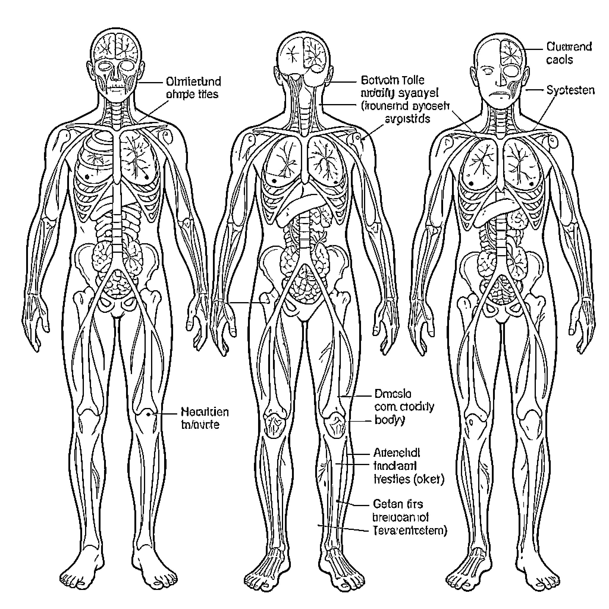 Human Anatomy diagrams showing skeletal and muscular systems Coloring Page (free black-and-white line drawing printable PDF for all, from beginners to advanced learners, including children, teens, adults, and seniors)