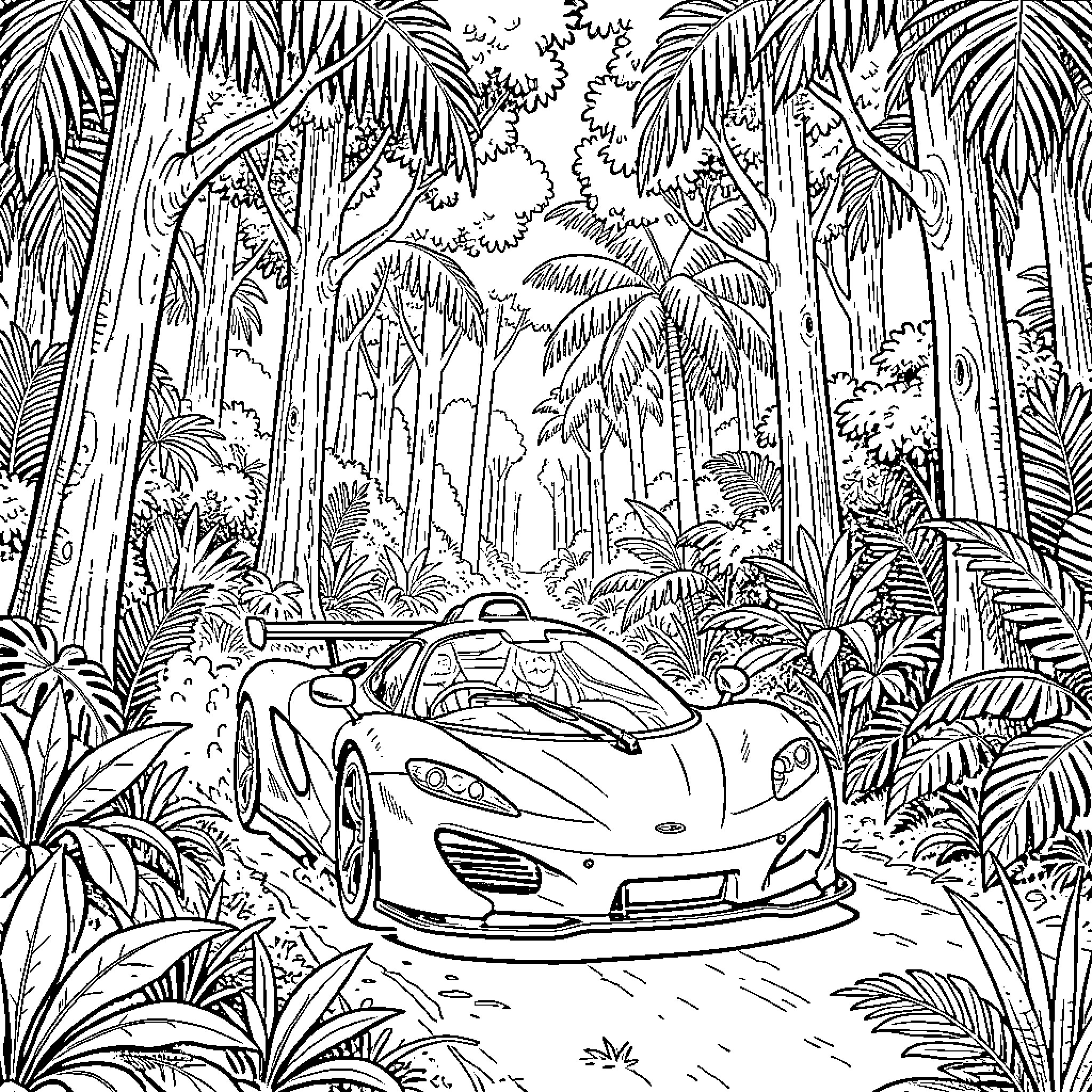 McLaren F1 racing through a dense tropical jungle Coloring Page (free black-and-white line drawing printable PDF for all, from beginners to advanced learners, including children, teens, adults, and seniors)