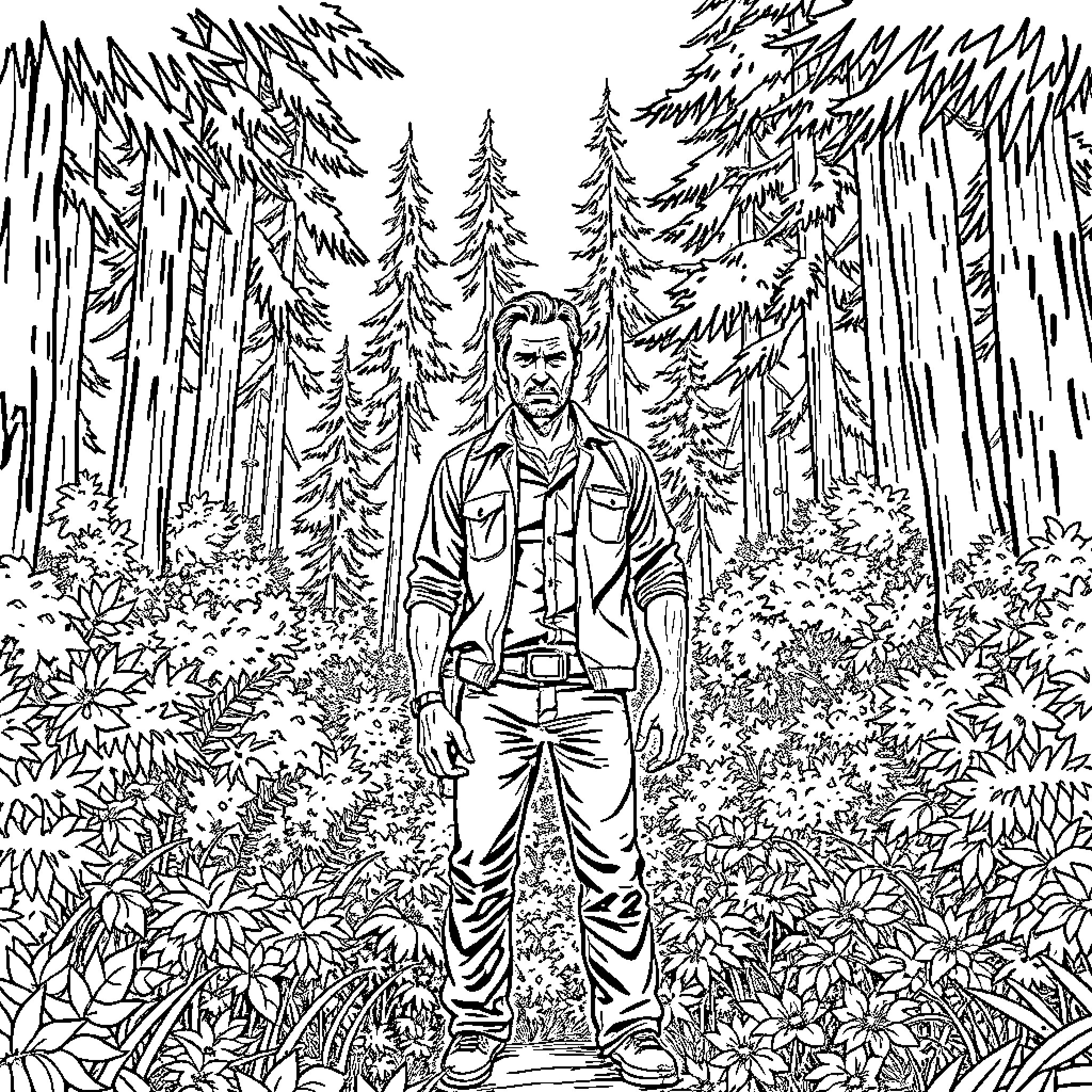 Rick exploring the mysterious forest landscape Coloring Page (free black-and-white line drawing printable PDF for all, from beginners to advanced learners, including children, teens, adults, and seniors)