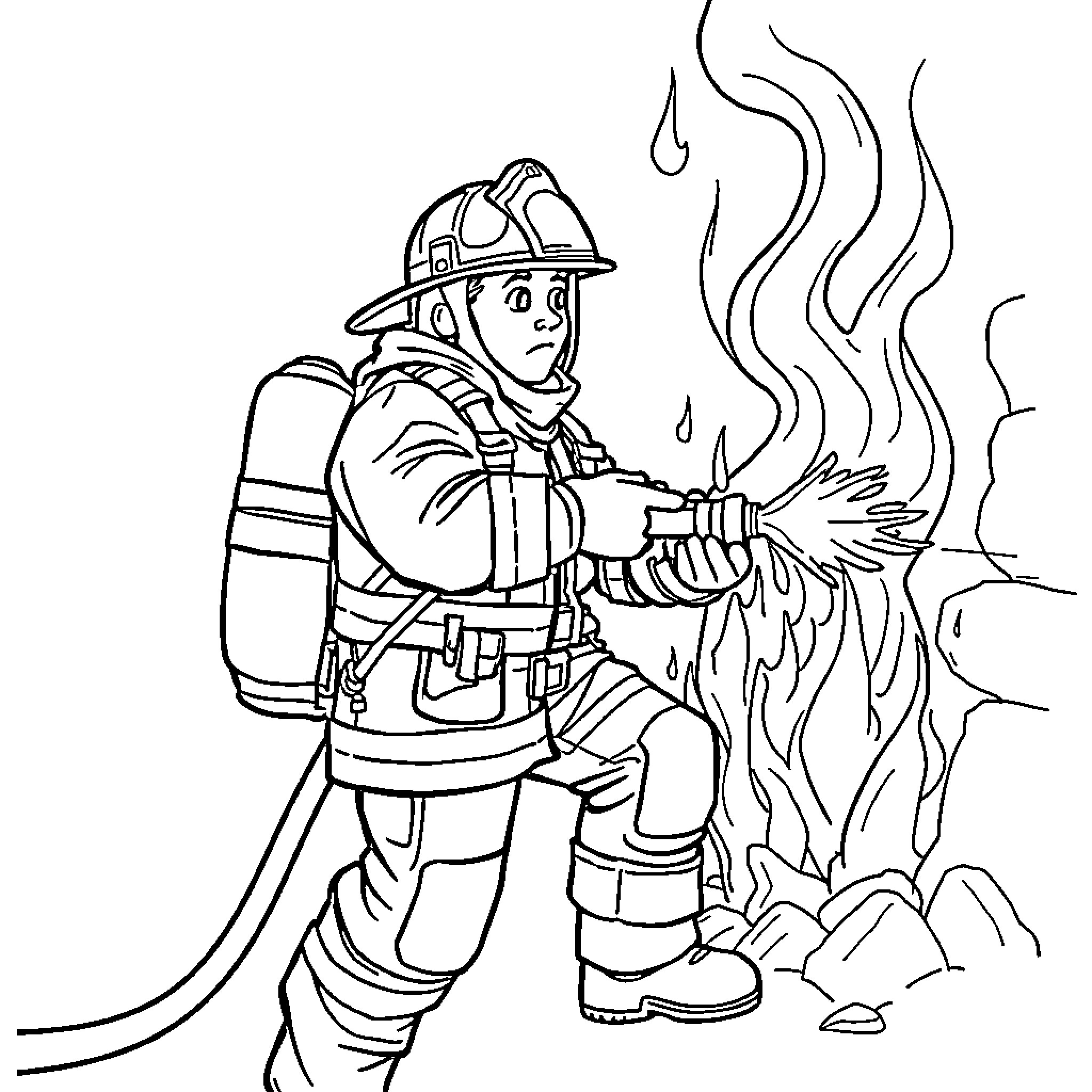 Firefighter extinguishing a blaze with determination Coloring Page (free black-and-white line drawing printable PDF for all, from beginners to advanced learners, including children, teens, adults, and seniors)