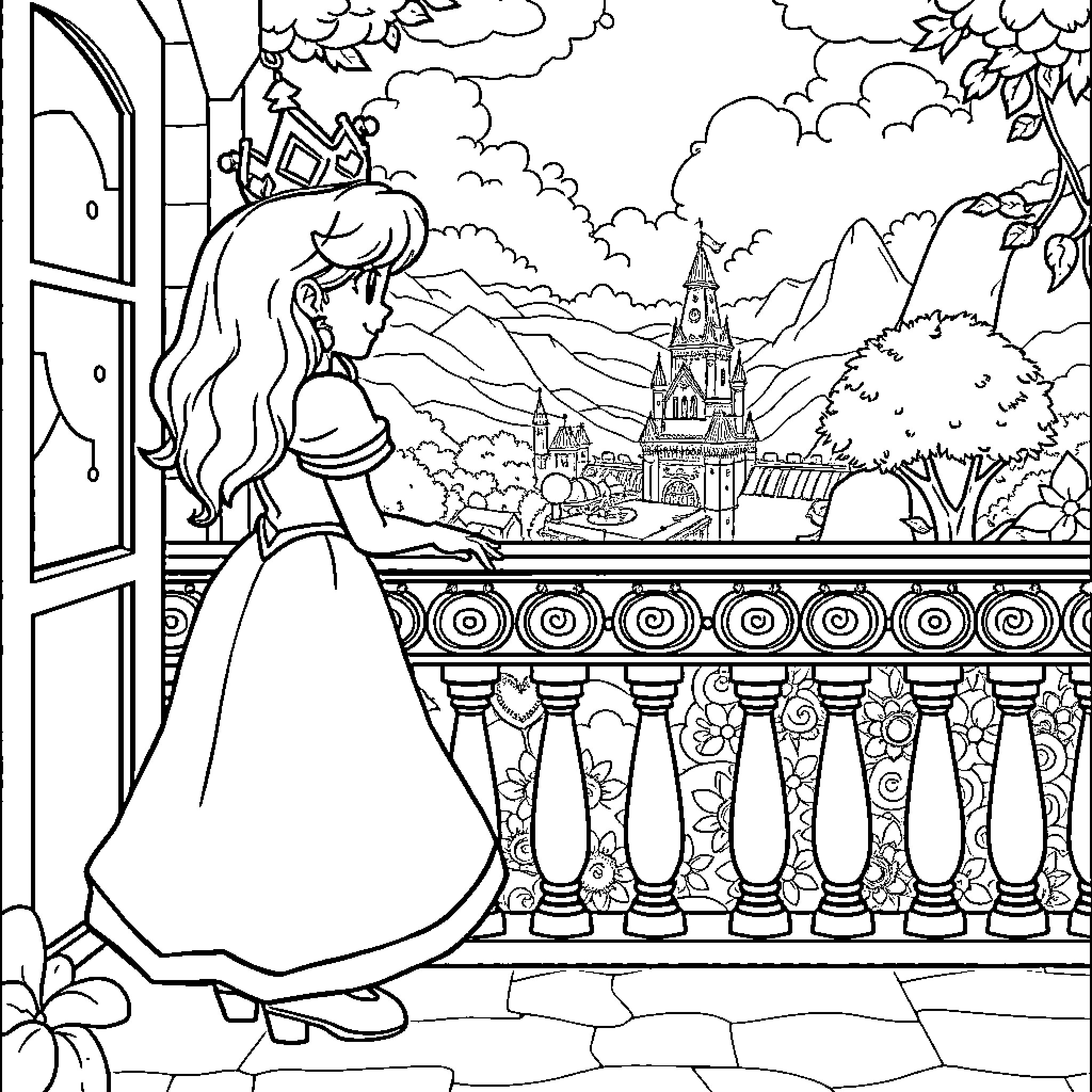 Princess admiring the majestic castle in the distance Coloring Page (free black-and-white line drawing printable PDF for all, from beginners to advanced learners, including children, teens, adults, and seniors)