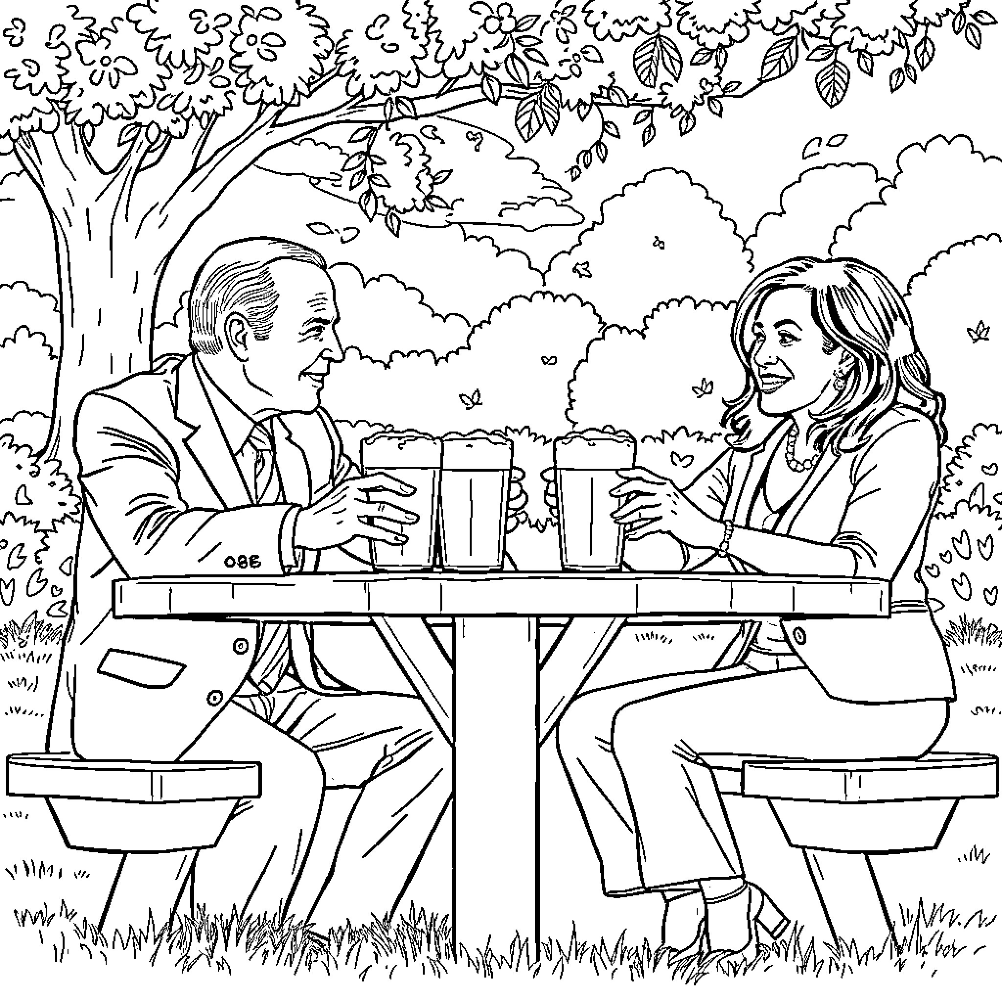 Joe Biden enjoying a pleasant conversation with a companion in a natural setting Coloring Page (free black-and-white line drawing printable PDF for all, from beginners to advanced learners, including children, teens, adults, and seniors)