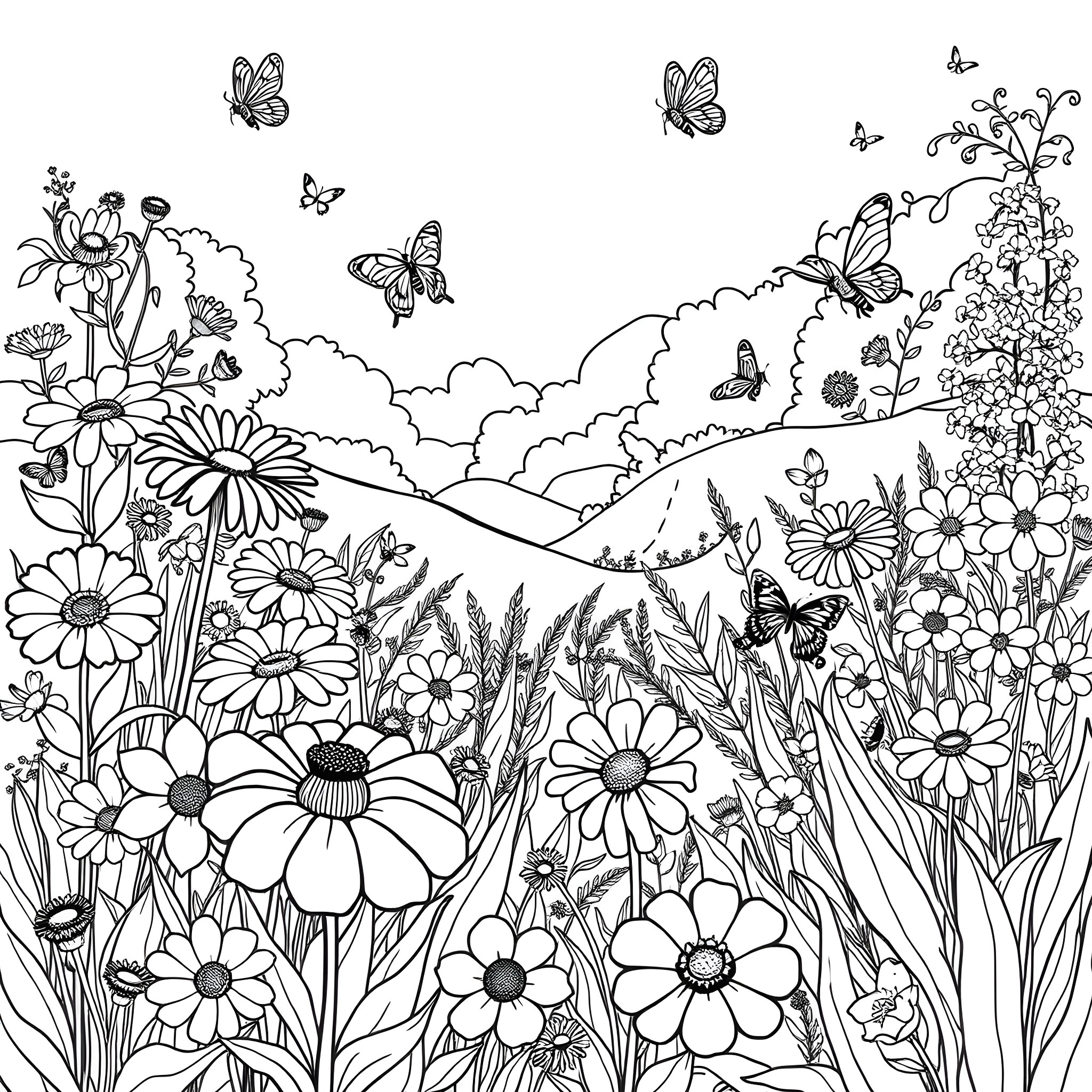 Book of Blooming Flowers and Butterflies Coloring Page (free black-and-white line drawing printable PDF for all, from beginners to advanced learners, including children, teens, adults, and seniors)