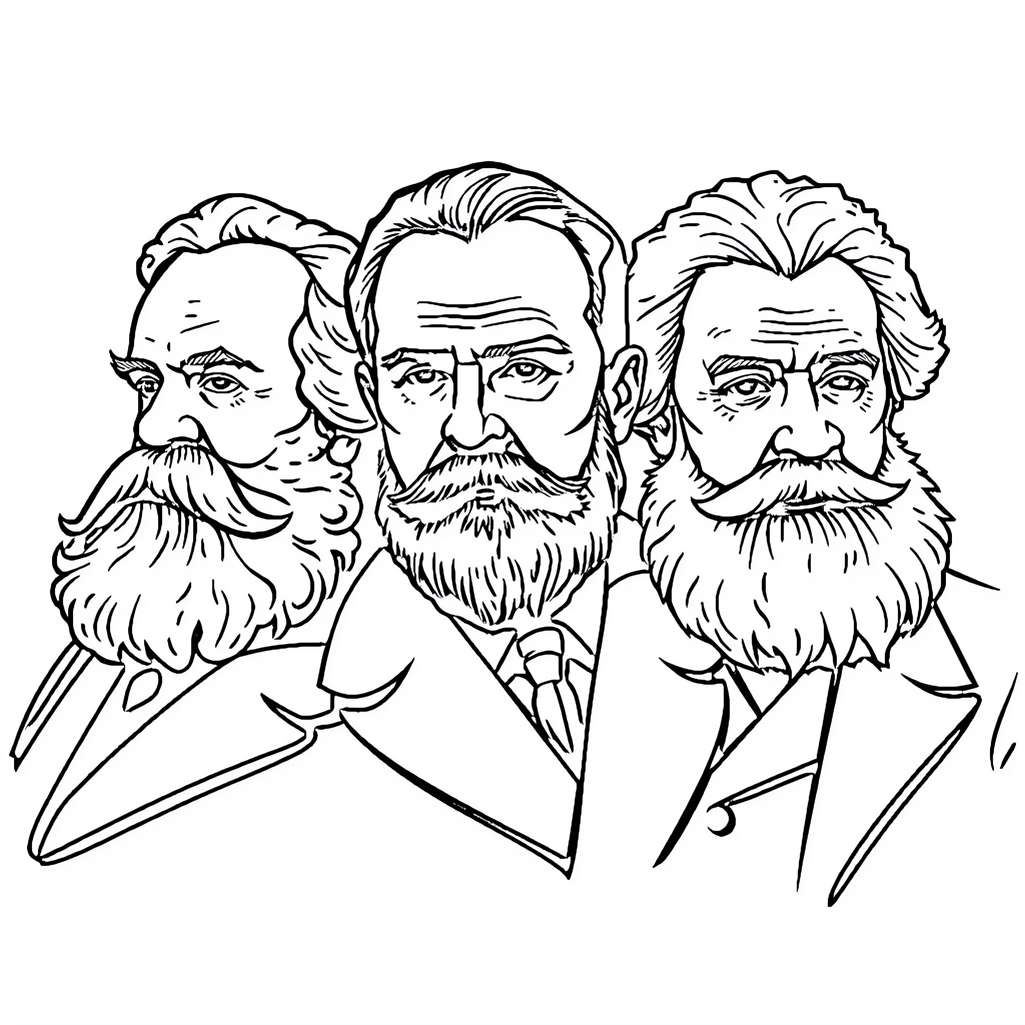 Marx Lenin Engels depicted in formal attire Coloring Page (free black-and-white line drawing printable PDF for all, from beginners to advanced learners, including children, teens, adults, and seniors)