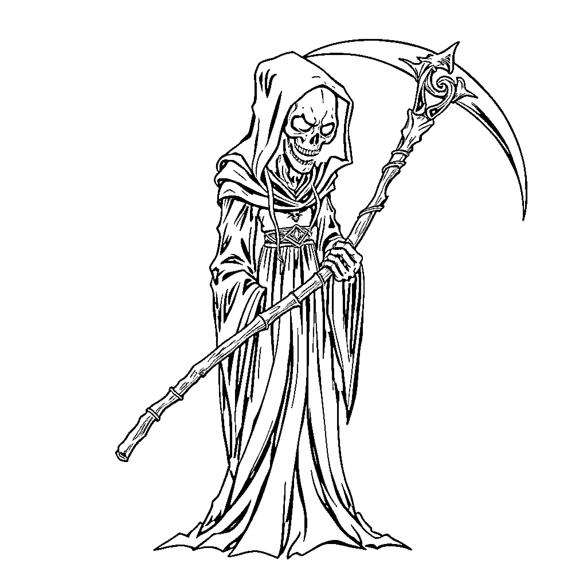 Siren Head wielding a scythe in a dark, foreboding scene Coloring Page (free black-and-white line drawing printable PDF for all, from beginners to advanced learners, including children, teens, adults, and seniors)