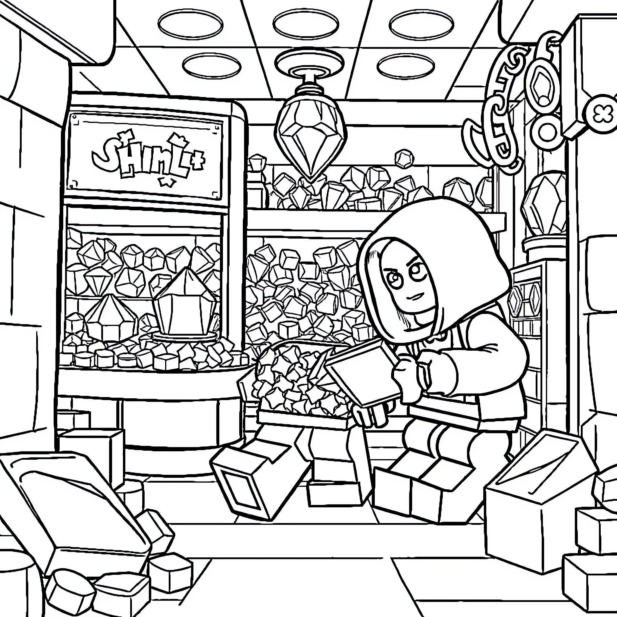 Lego figure exploring a crystal-filled room Coloring Page (free black-and-white line drawing printable PDF for all, from beginners to advanced learners, including children, teens, adults, and seniors)