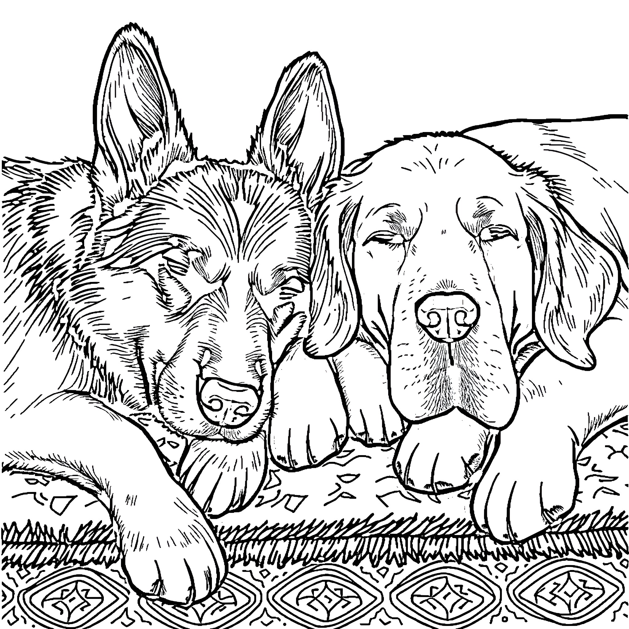 Dog friends lying together on the grass Coloring Page (free black-and-white line drawing printable PDF for all, from beginners to advanced learners, including children, teens, adults, and seniors)