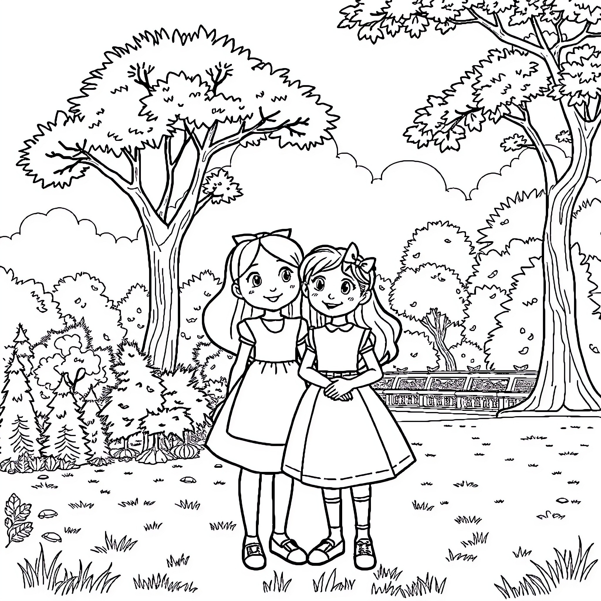 Alice and her friend explore the enchanting forest Coloring Page (free black-and-white line drawing printable PDF for all, from beginners to advanced learners, including children, teens, adults, and seniors)