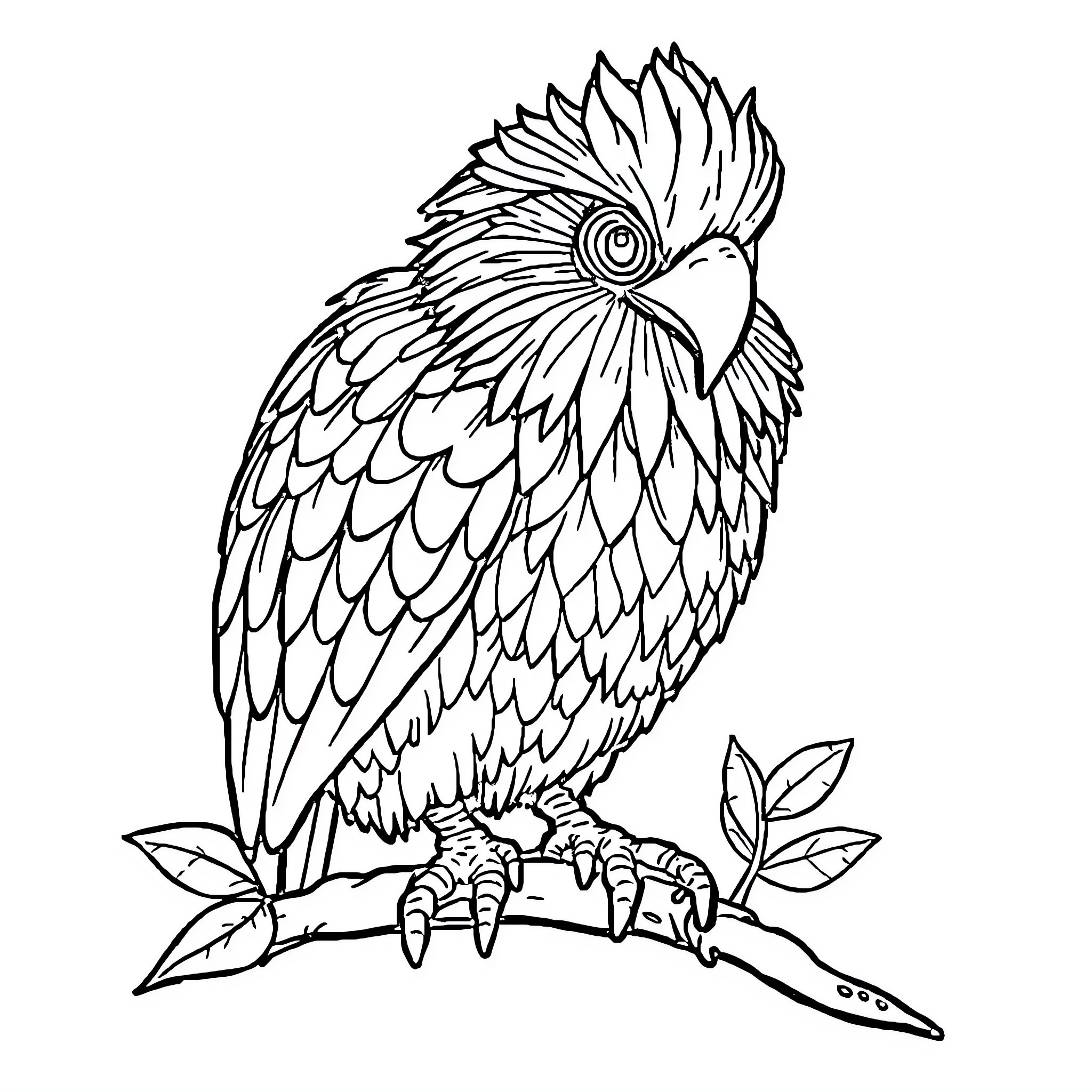 Bear parrot perched on branch Coloring Page (free black-and-white line drawing printable PDF for all, from beginners to advanced learners, including children, teens, adults, and seniors)