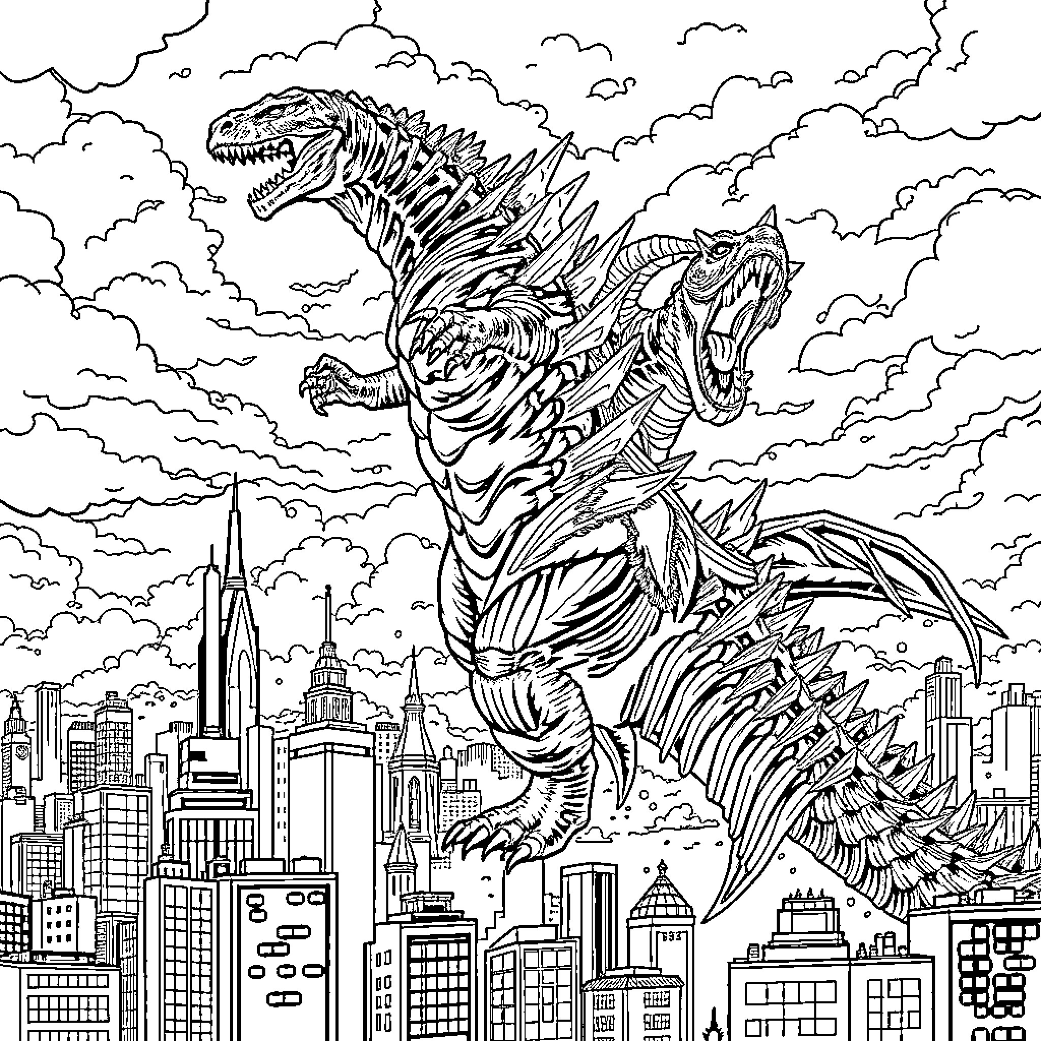 Godzilla's Destructive Rampage Through the City Coloring Page (free black-and-white line drawing printable PDF for all, from beginners to advanced learners, including children, teens, adults, and seniors)