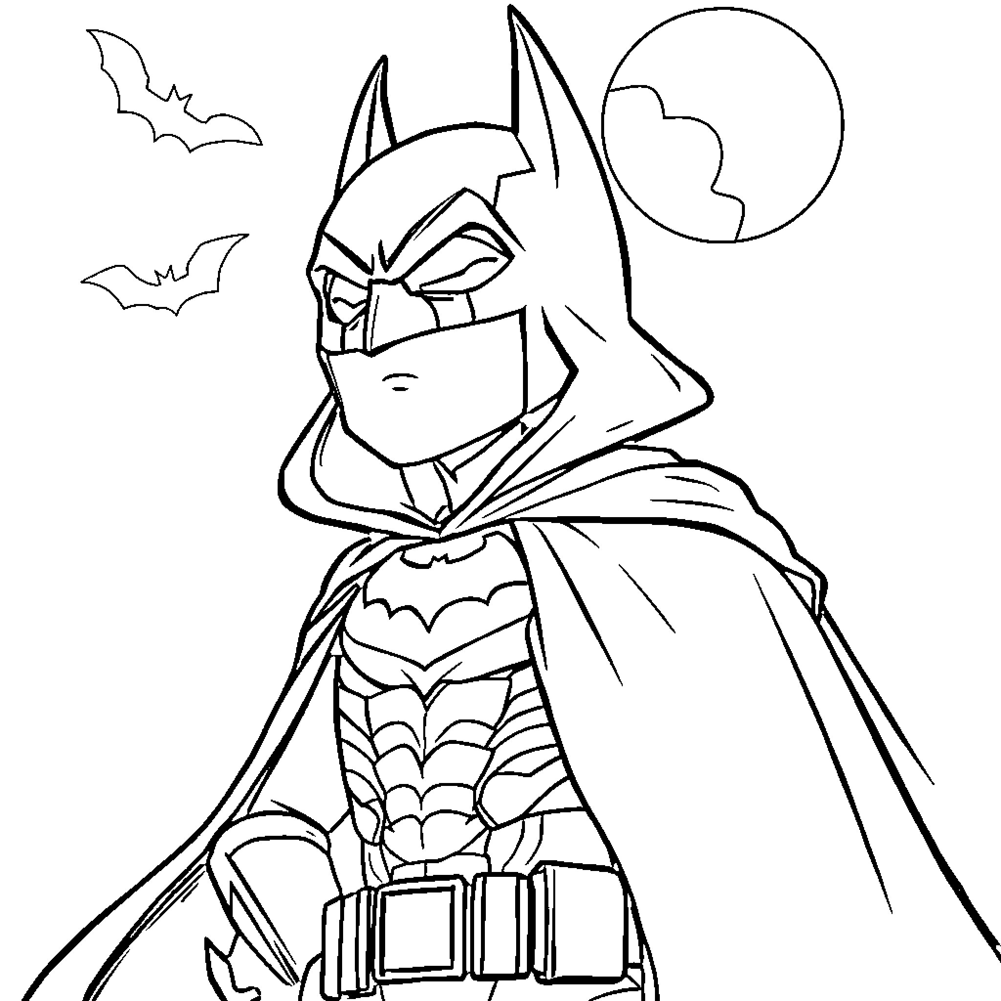 Batman in vigilant pose at night with bats Coloring Page (free black-and-white line drawing printable PDF for all, from beginners to advanced learners, including children, teens, adults, and seniors)