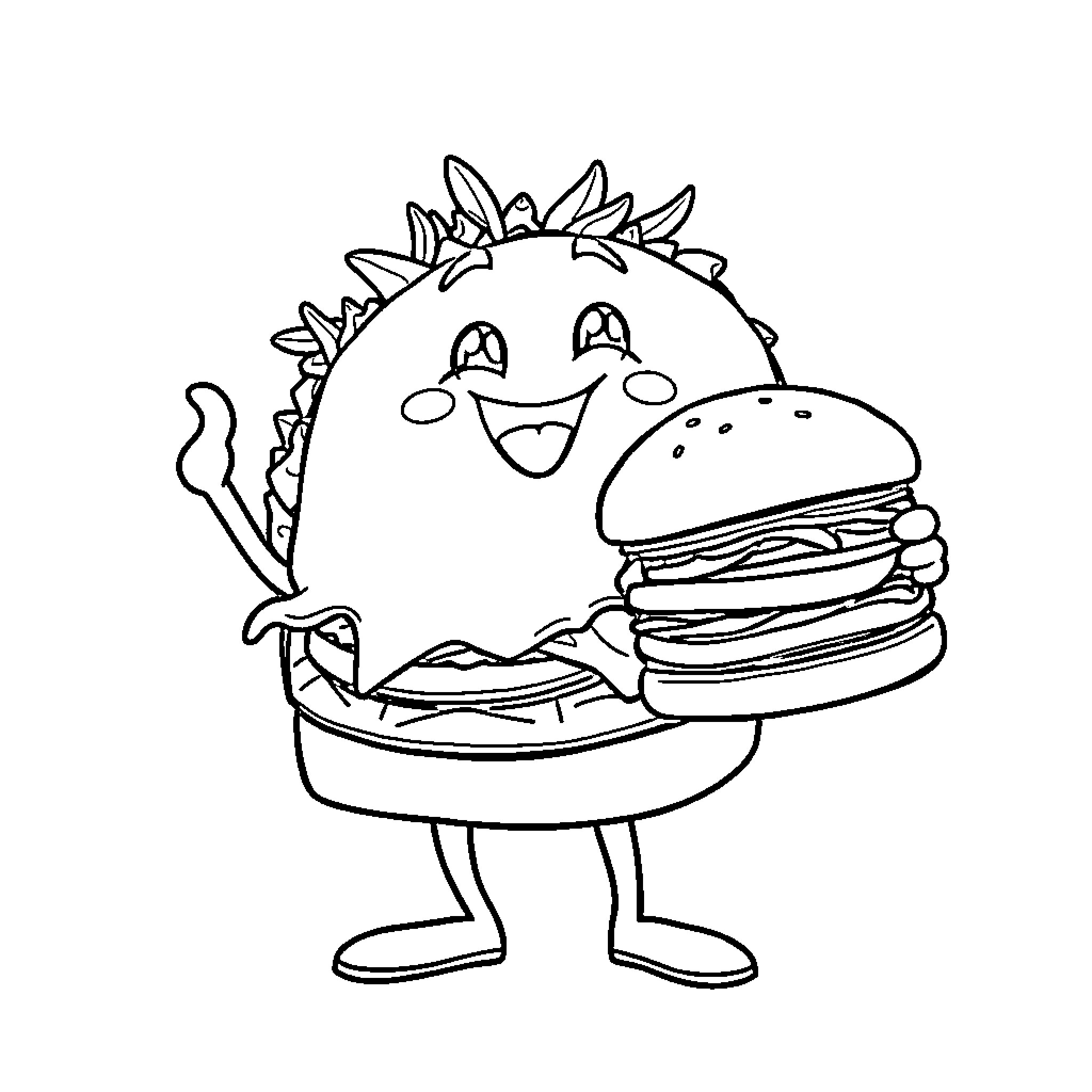 Taco creature holding a burger happily Coloring Page (free black-and-white line drawing printable PDF for all, from beginners to advanced learners, including children, teens, adults, and seniors)