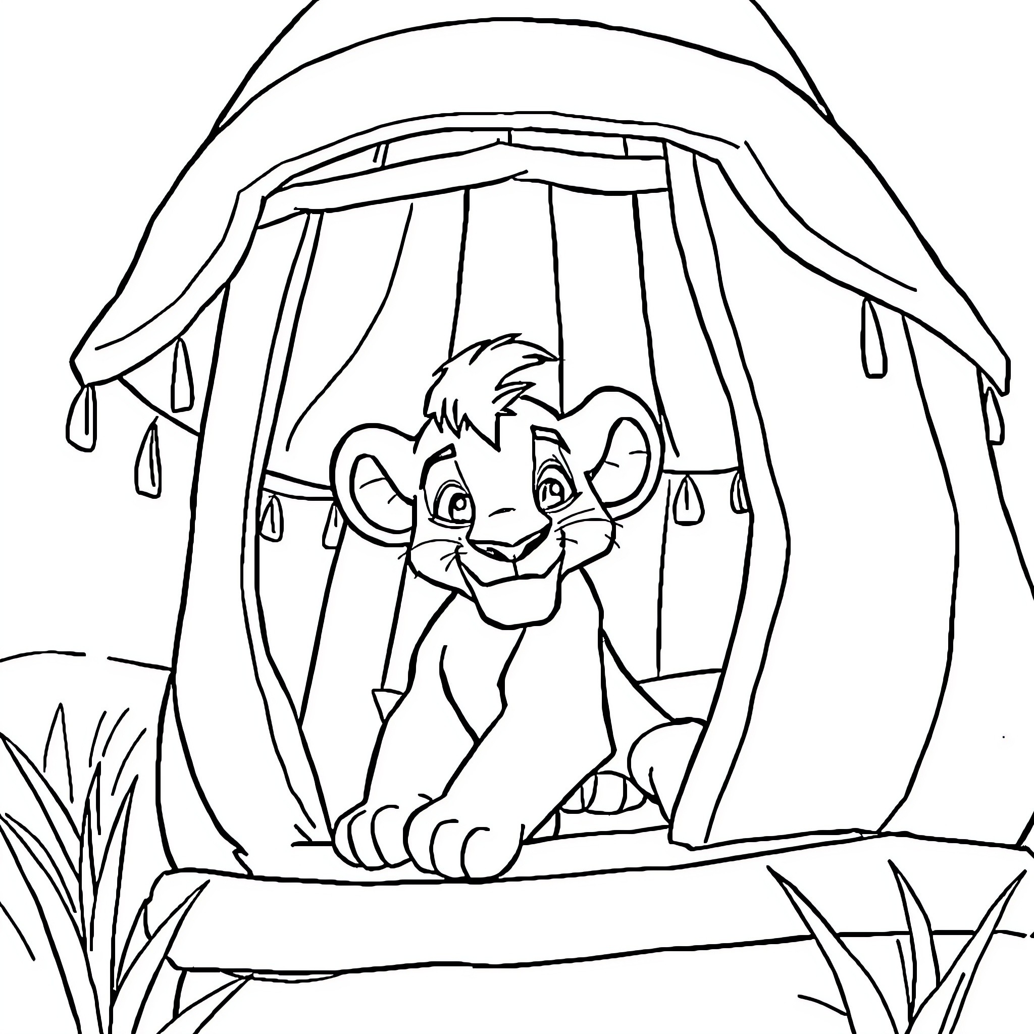 Simba exploring his new jungle home Coloring Page (free black-and-white line drawing printable PDF for all, from beginners to advanced learners, including children, teens, adults, and seniors)
