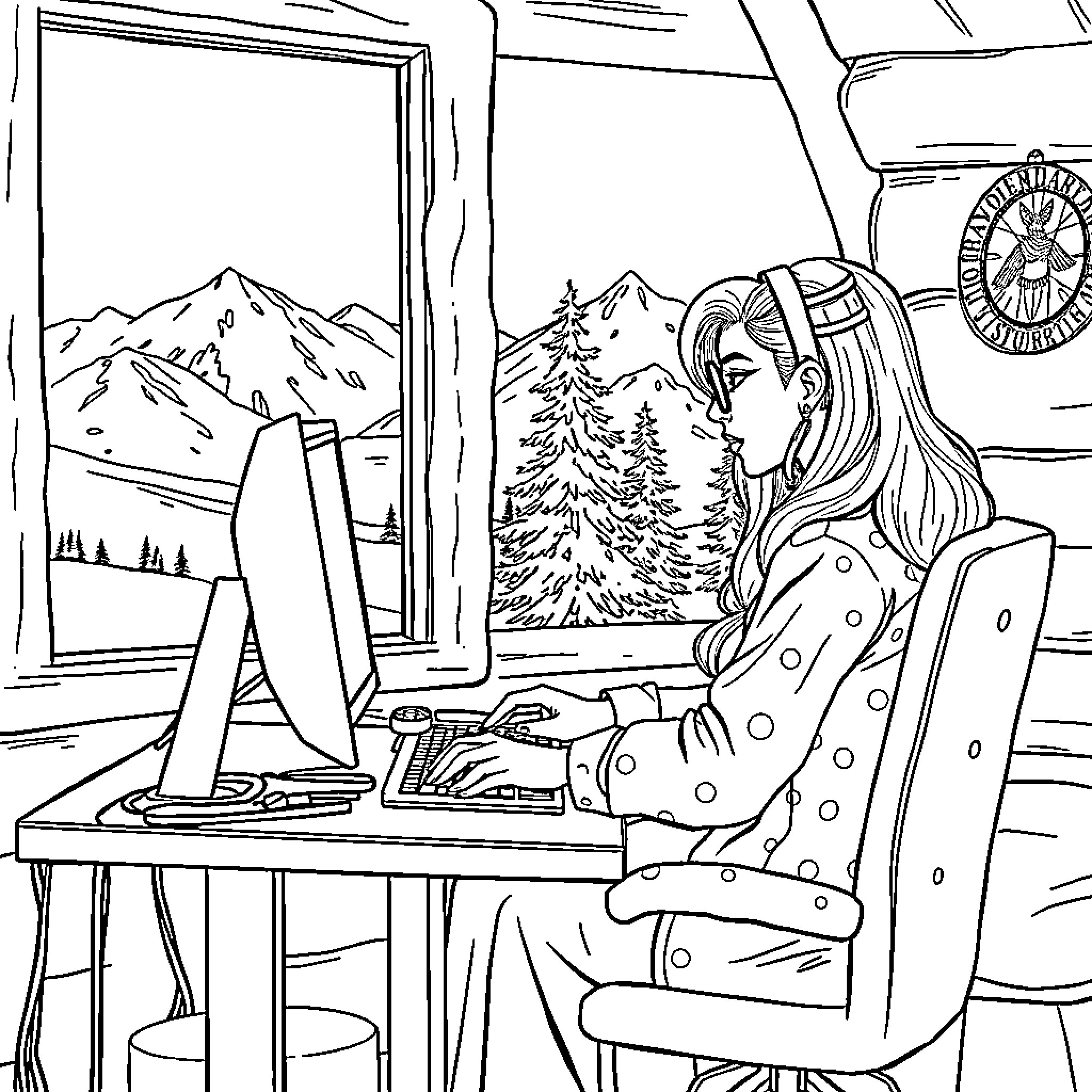 Lady Gaga working at a computer in a cozy cabin Coloring Page (free black-and-white line drawing printable PDF for all, from beginners to advanced learners, including children, teens, adults, and seniors)