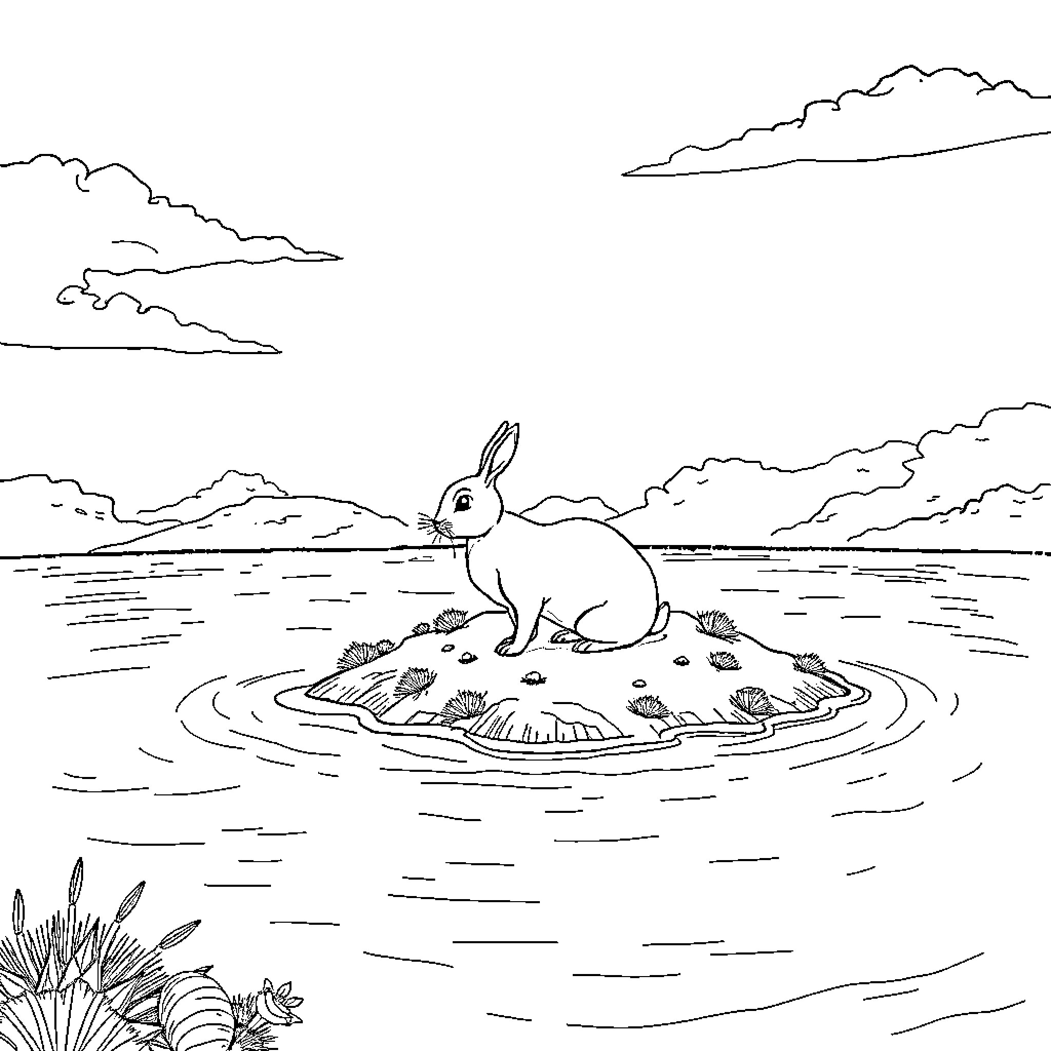 Rabbit resting peacefully on a scenic island Coloring Page (free black-and-white line drawing printable PDF for all, from beginners to advanced learners, including children, teens, adults, and seniors)