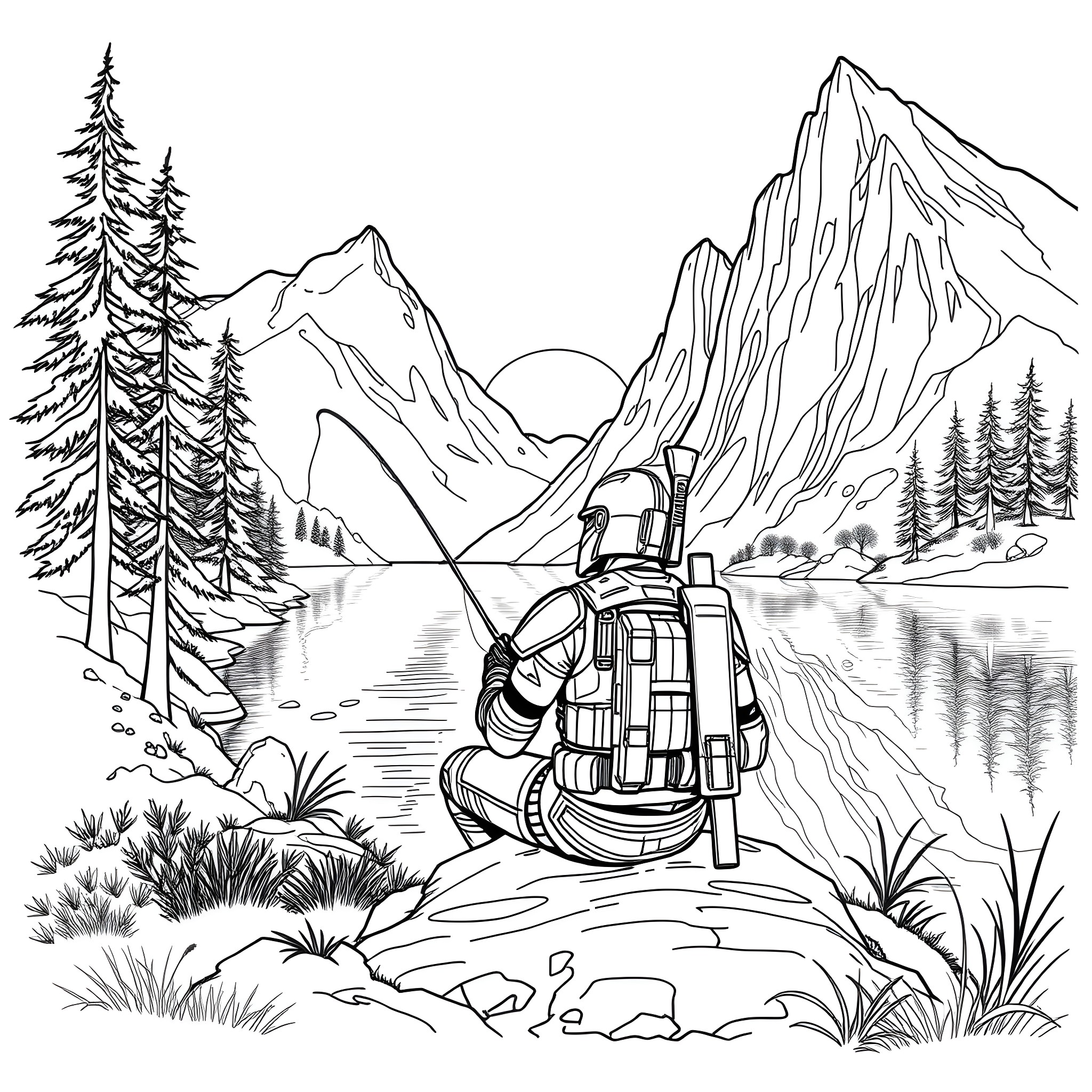 Spartan Warrior Trekking Through Rugged Mountain Landscape Coloring Page (free black-and-white line drawing printable PDF for all, from beginners to advanced learners, including children, teens, adults, and seniors)