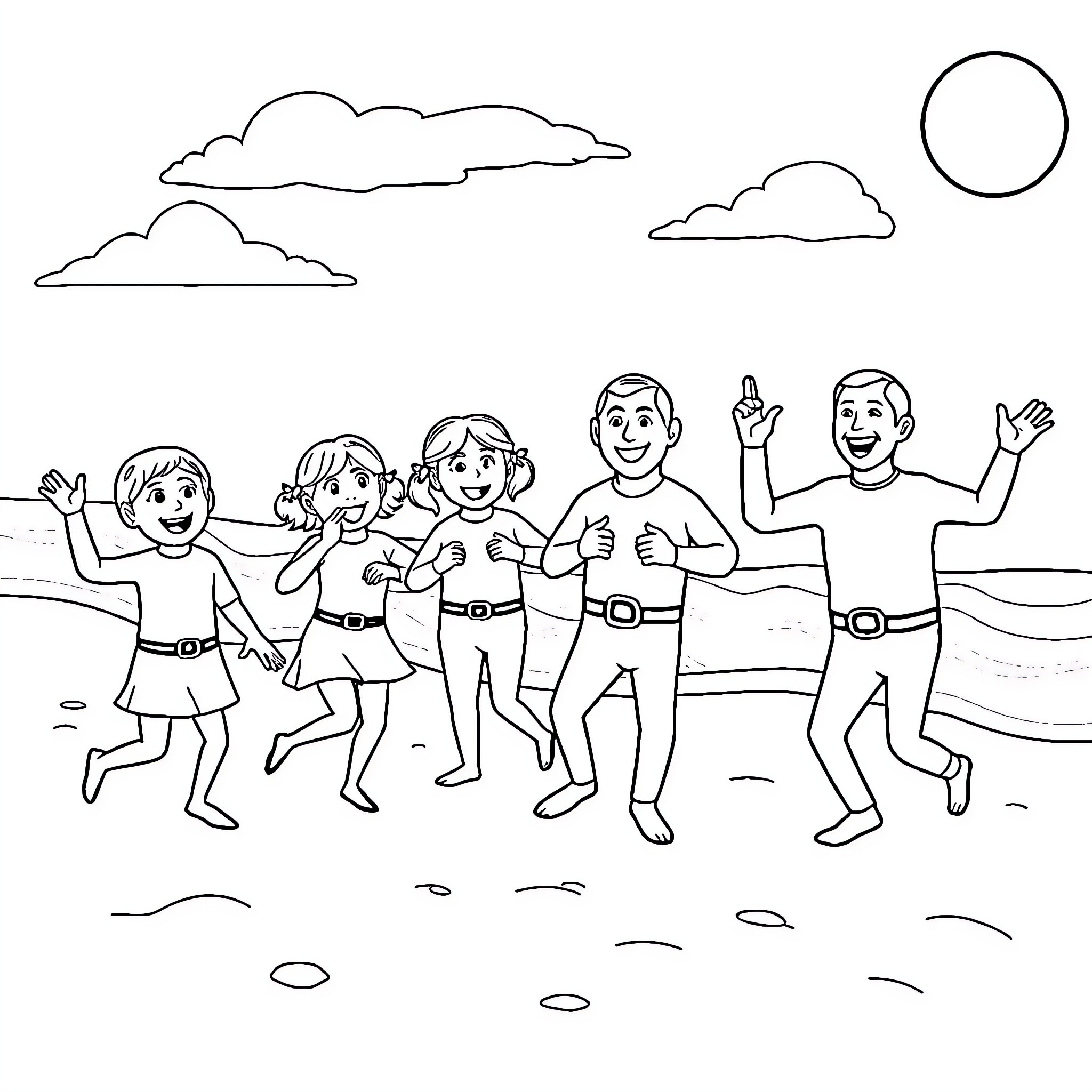 Wiggles and jumps on the beach Coloring Page (free black-and-white line drawing printable PDF for all, from beginners to advanced learners, including children, teens, adults, and seniors)