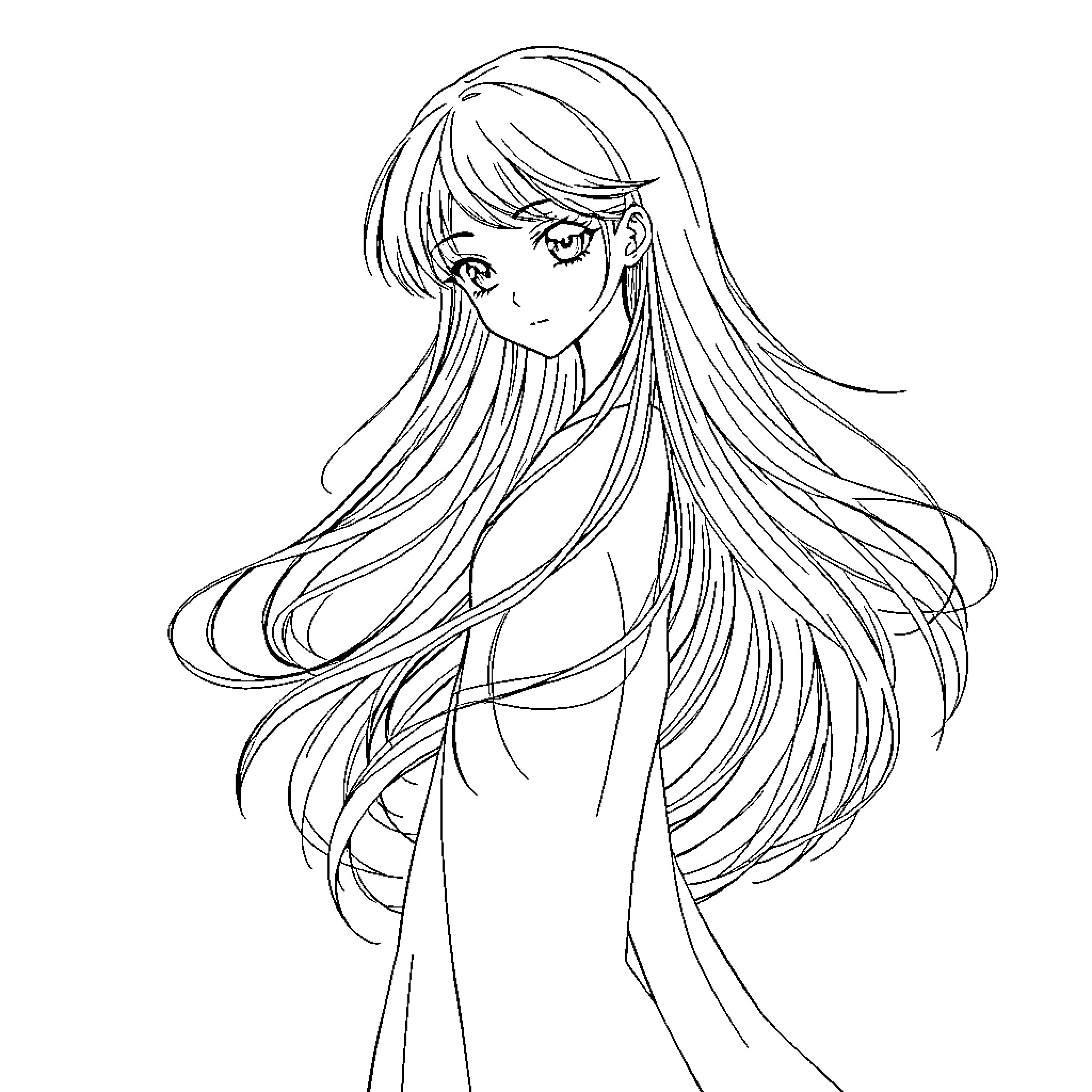 Anime Girl with Flowing Hair Coloring Page (free black-and-white line drawing printable PDF for all, from beginners to advanced learners, including children, teens, adults, and seniors)