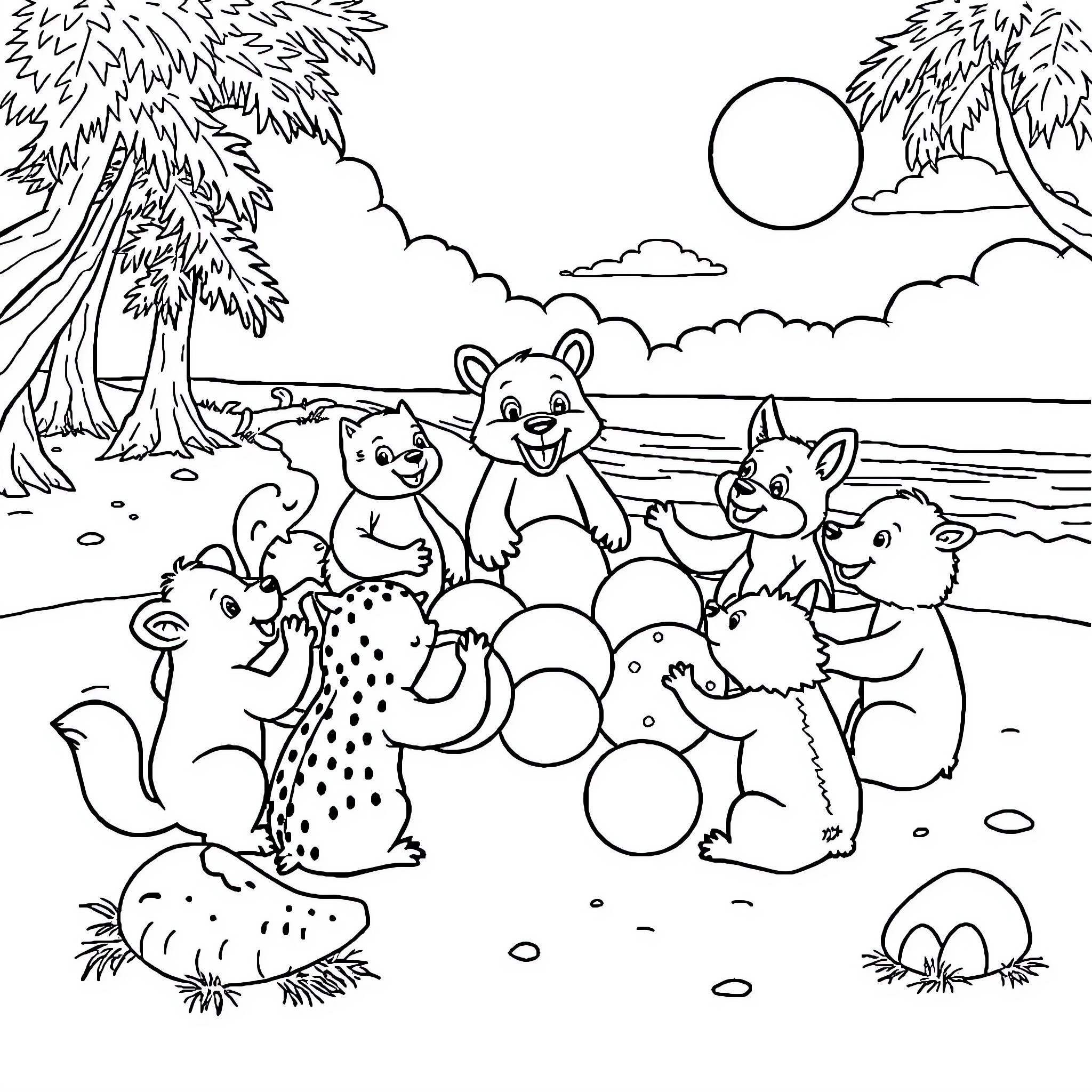 Animal friends playing together on the beach Coloring Page (free black-and-white line drawing printable PDF for all, from beginners to advanced learners, including children, teens, adults, and seniors)