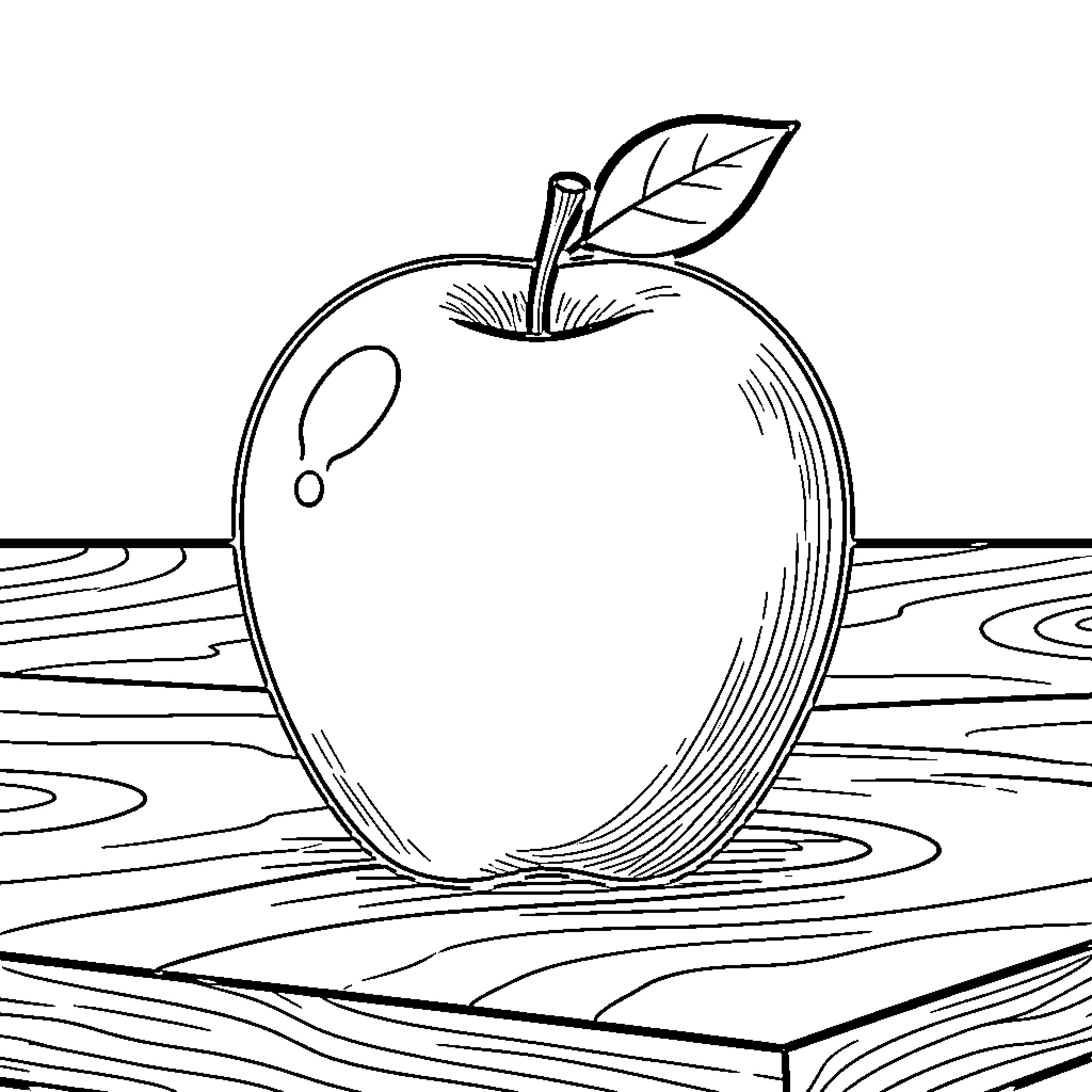 Apple on a Wooden Table Coloring Page (free black-and-white line drawing printable PDF for all, from beginners to advanced learners, including children, teens, adults, and seniors)
