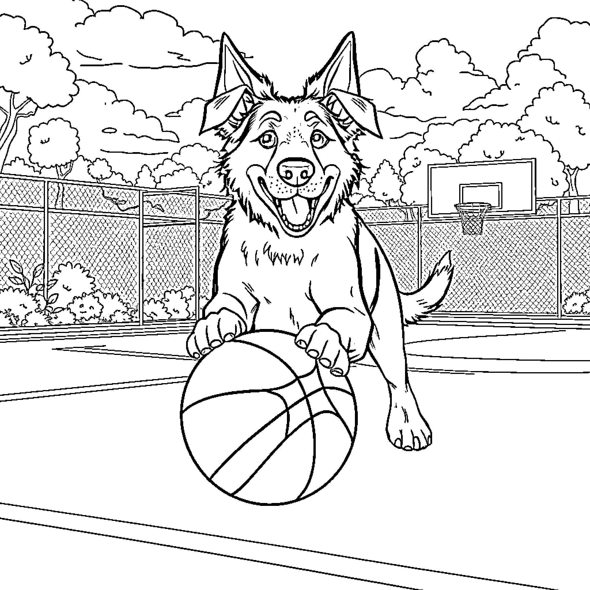 Dog playing with basketball on court Coloring Page (free black-and-white line drawing printable PDF for all, from beginners to advanced learners, including children, teens, adults, and seniors)