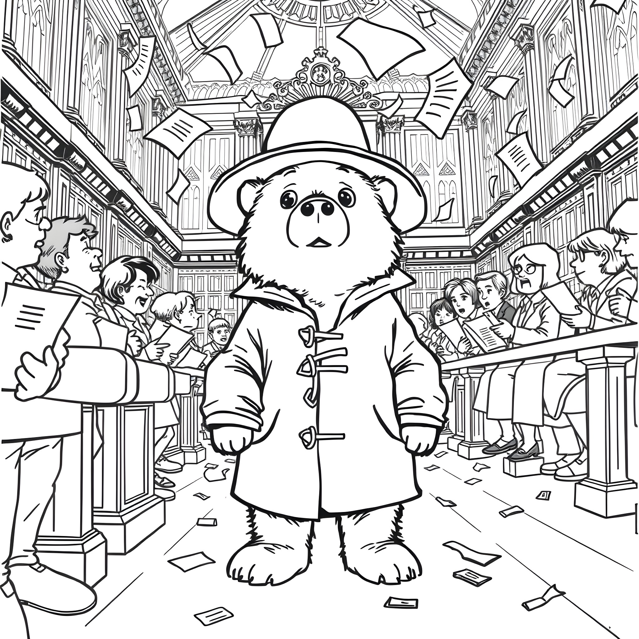 Paddington Bear's Exciting Adventure in the City Coloring Page (free black-and-white line drawing printable PDF for all, from beginners to advanced learners, including children, teens, adults, and seniors)