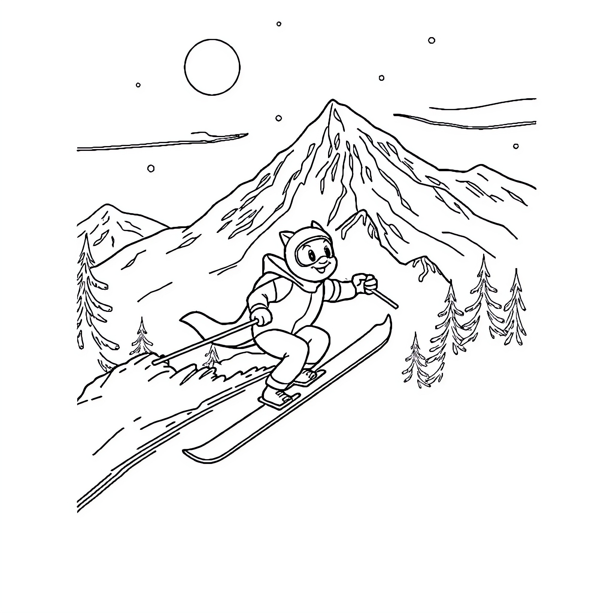 Ruben skiing down the snowy mountain Coloring Page (free black-and-white line drawing printable PDF for all, from beginners to advanced learners, including children, teens, adults, and seniors)