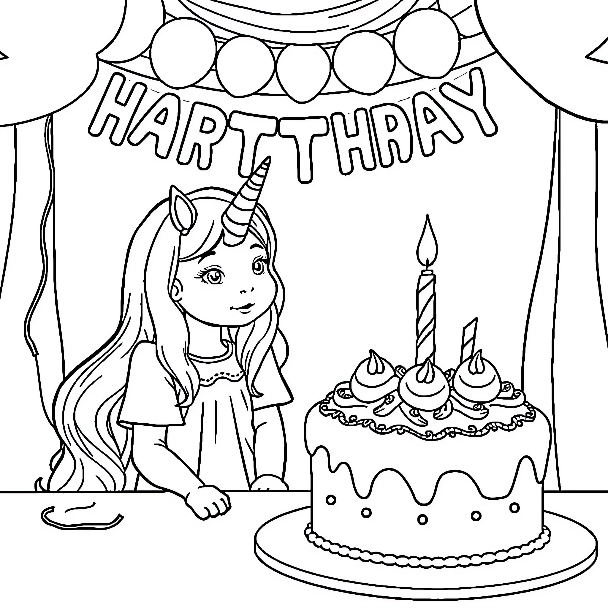 Unicorn celebrating a joyful birthday party Coloring Page (free black-and-white line drawing printable PDF for all, from beginners to advanced learners, including children, teens, adults, and seniors)
