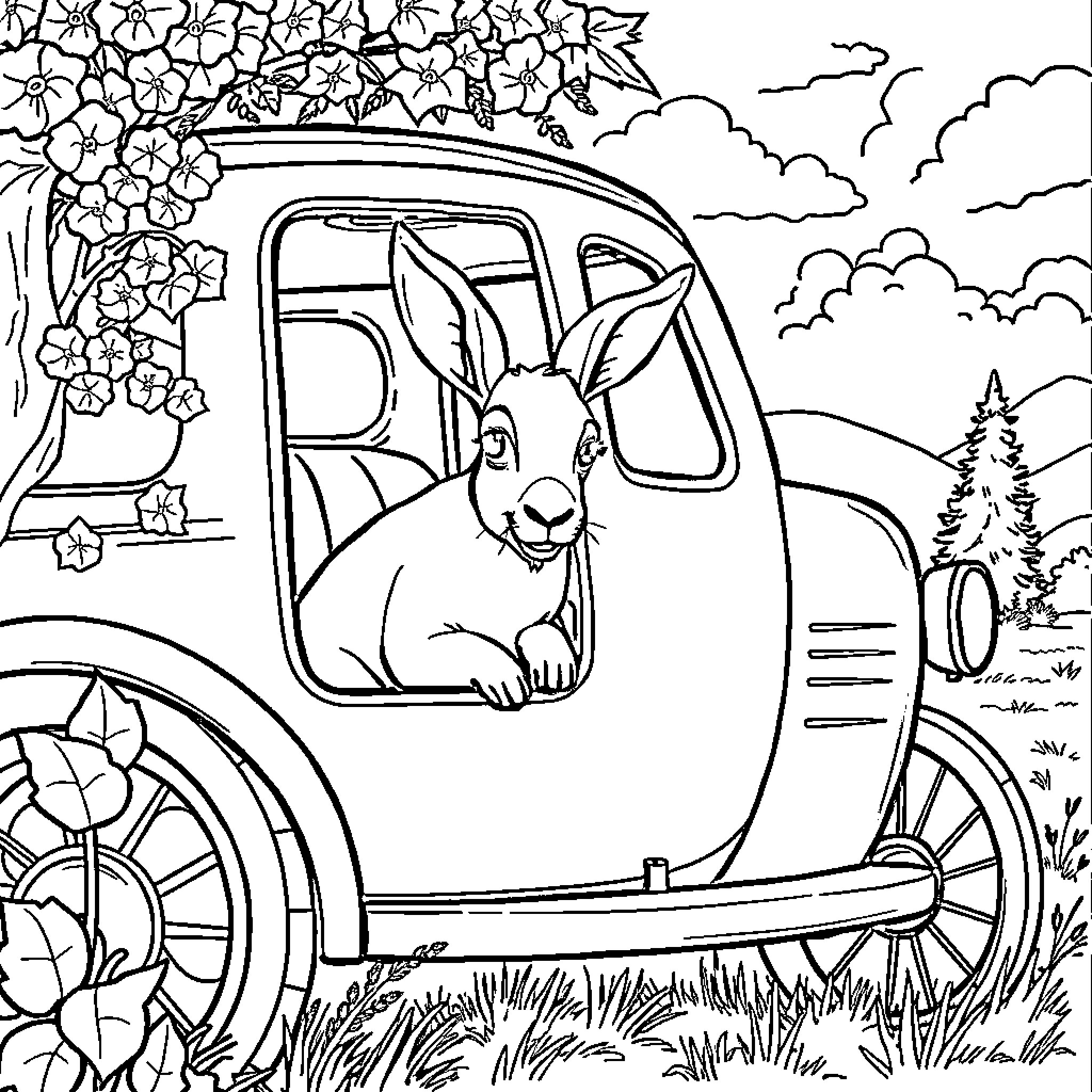 Frog Riding Antique Car in Floral Meadow Coloring Page (free black-and-white line drawing printable PDF for all, from beginners to advanced learners, including children, teens, adults, and seniors)