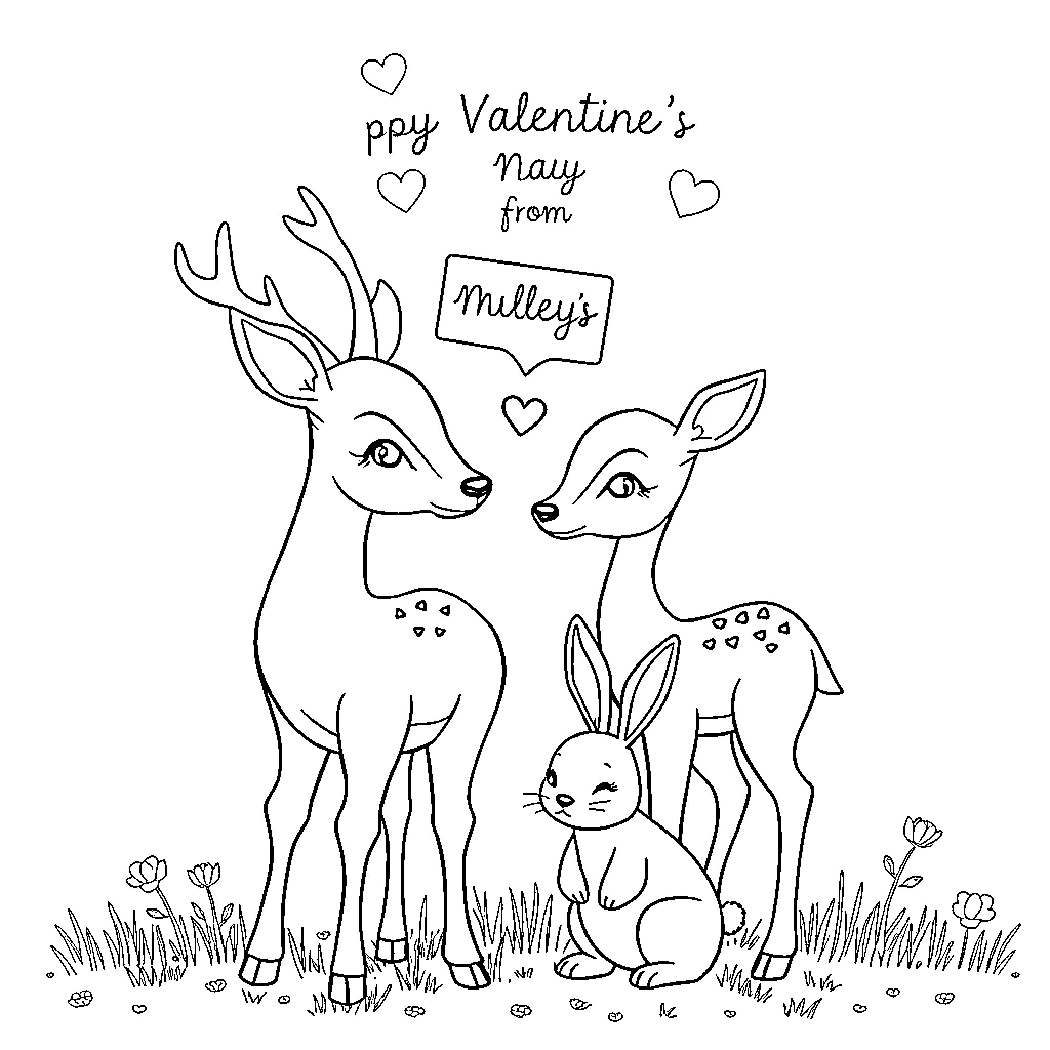 Deer and rabbits in a romantic meadow Coloring Page (free black-and-white line drawing printable PDF for all, from beginners to advanced learners, including children, teens, adults, and seniors)