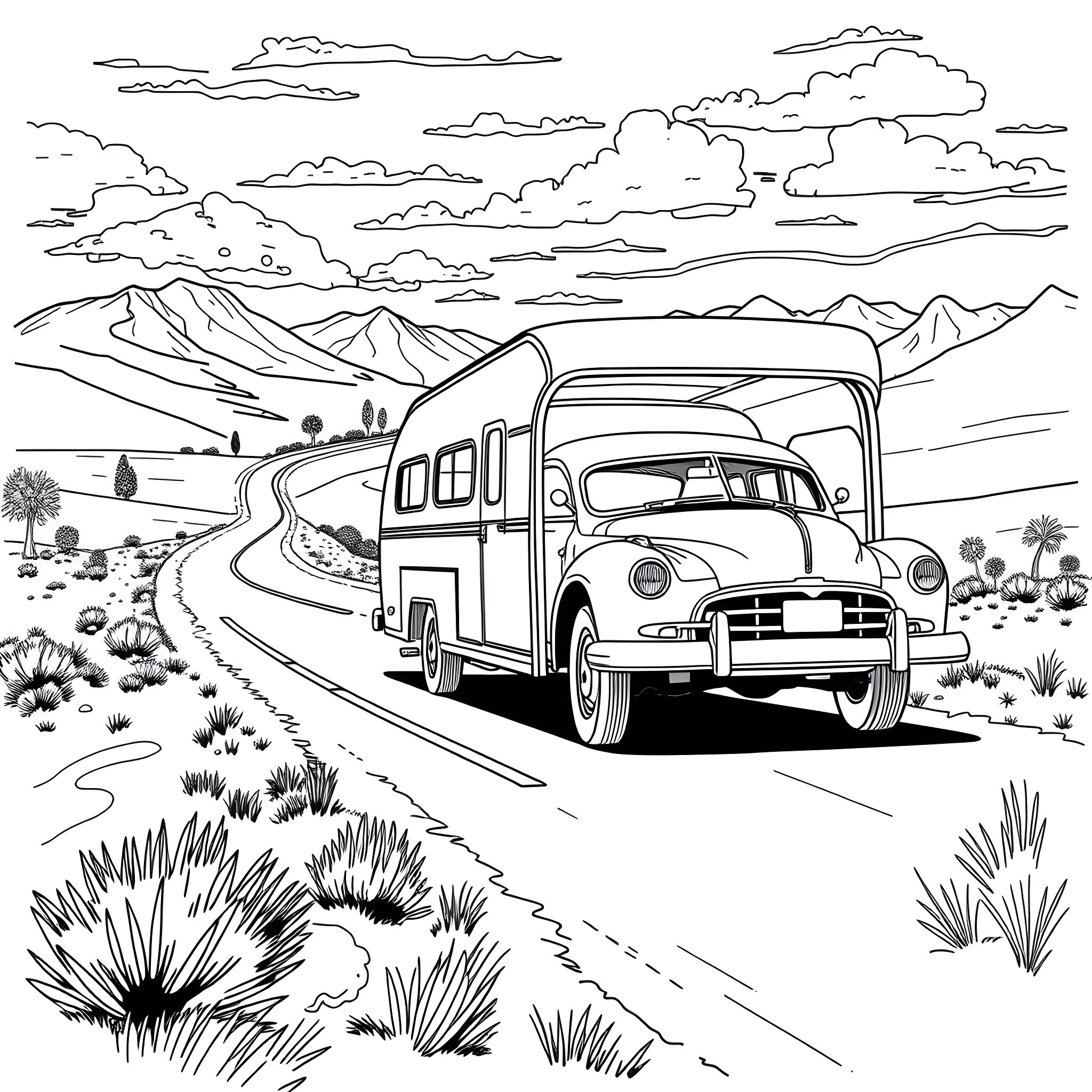 Classic Car Camper Van Adventure in the Countryside Coloring Page (free black-and-white line drawing printable PDF for all, from beginners to advanced learners, including children, teens, adults, and seniors)