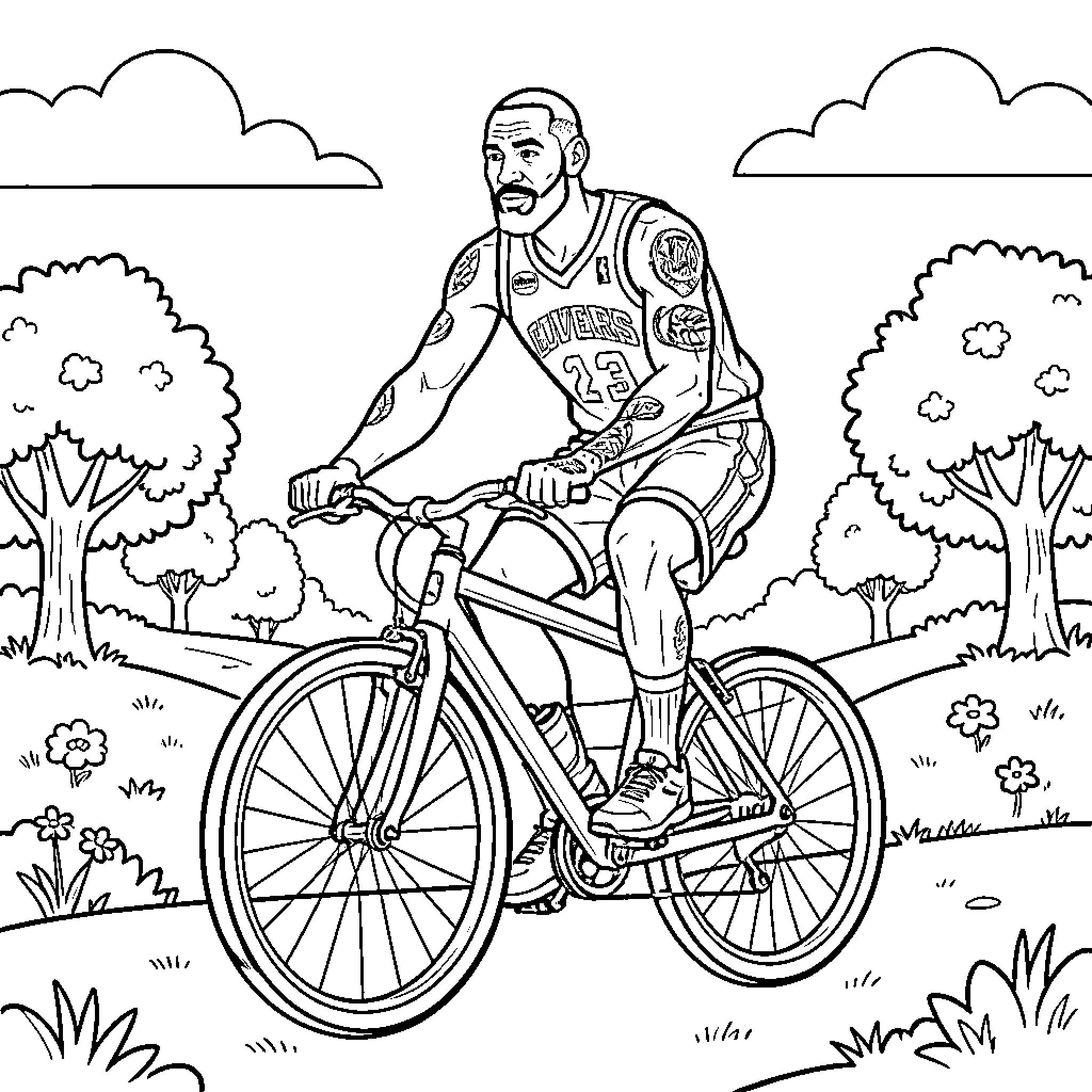 LeBron James cycling through the park Coloring Page (free black-and-white line drawing printable PDF for all, from beginners to advanced learners, including children, teens, adults, and seniors)