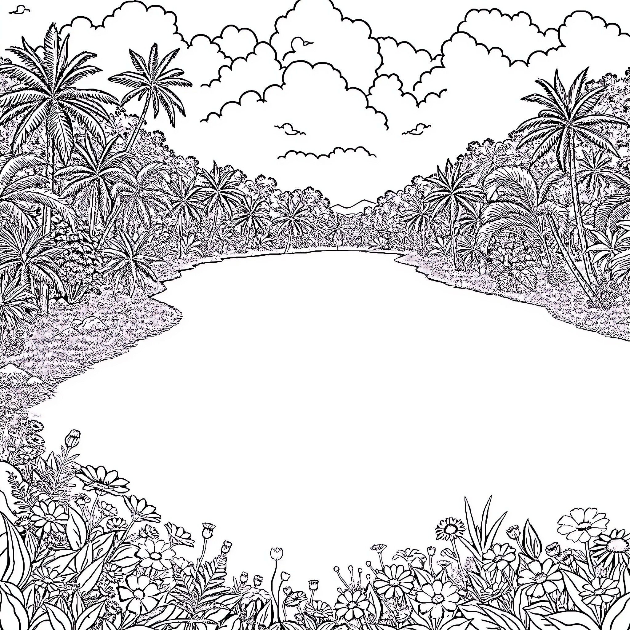 Pitch Lake Scenic Tropical Landscape Coloring Page (free black-and-white line drawing printable PDF for all, from beginners to advanced learners, including children, teens, adults, and seniors)