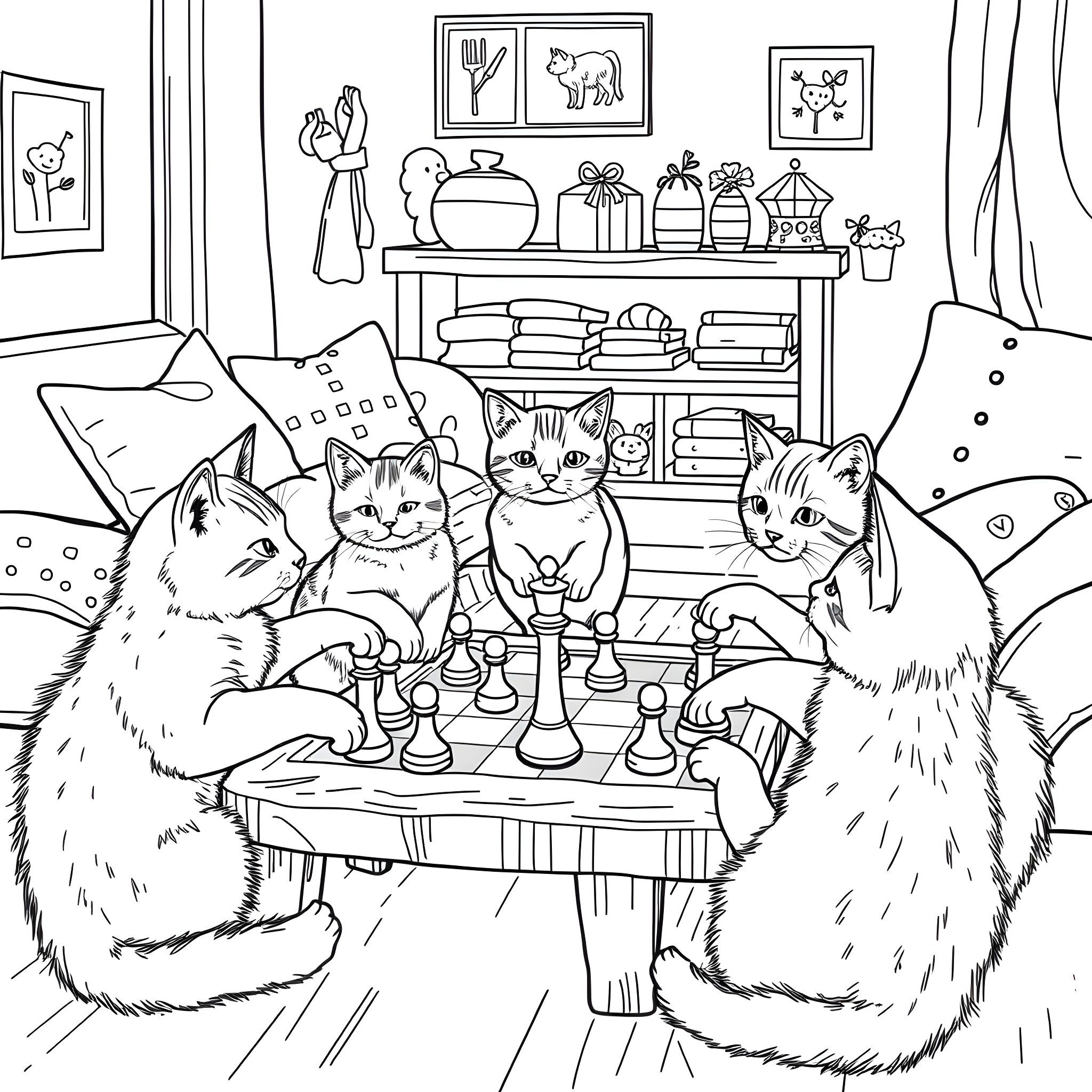 Cats Playing Chess in a Cozy Room Coloring Page (free black-and-white line drawing printable PDF for all, from beginners to advanced learners, including children, teens, adults, and seniors)