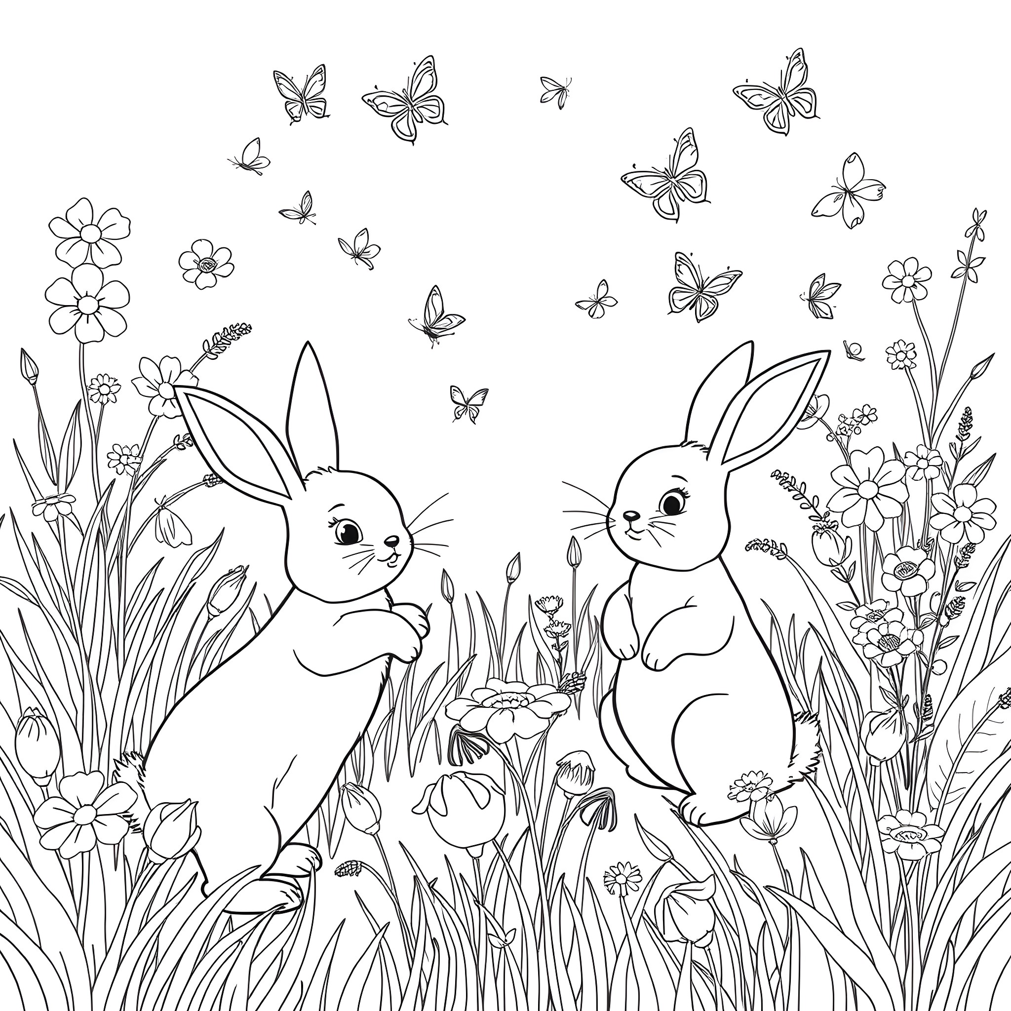 Bunnies playing among flowers and butterflies Coloring Page (free black-and-white line drawing printable PDF for all, from beginners to advanced learners, including children, teens, adults, and seniors)