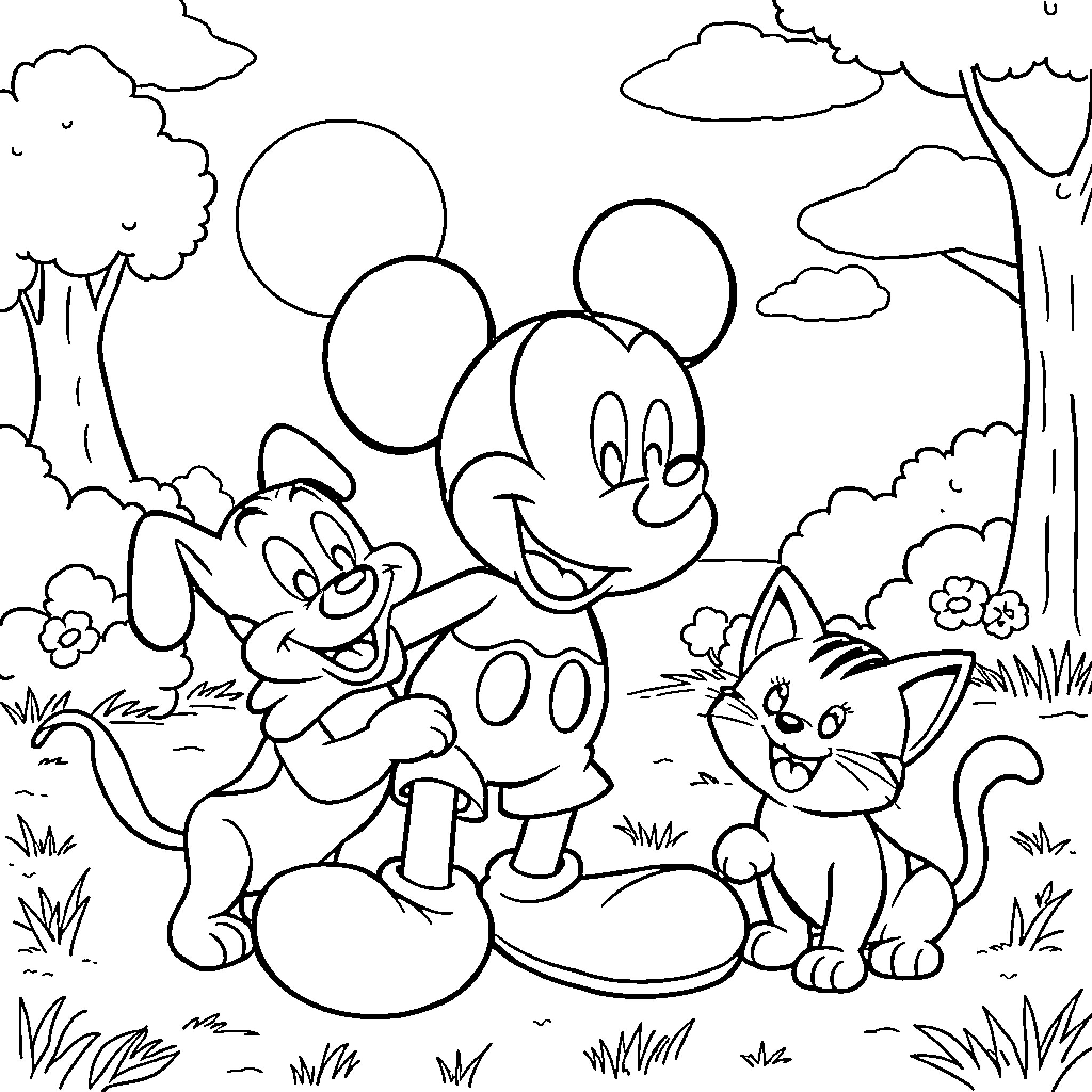 Mickey Mouse and Friends in Animated Outdoor Scene Coloring Page (free black-and-white line drawing printable PDF for all, from beginners to advanced learners, including children, teens, adults, and seniors)