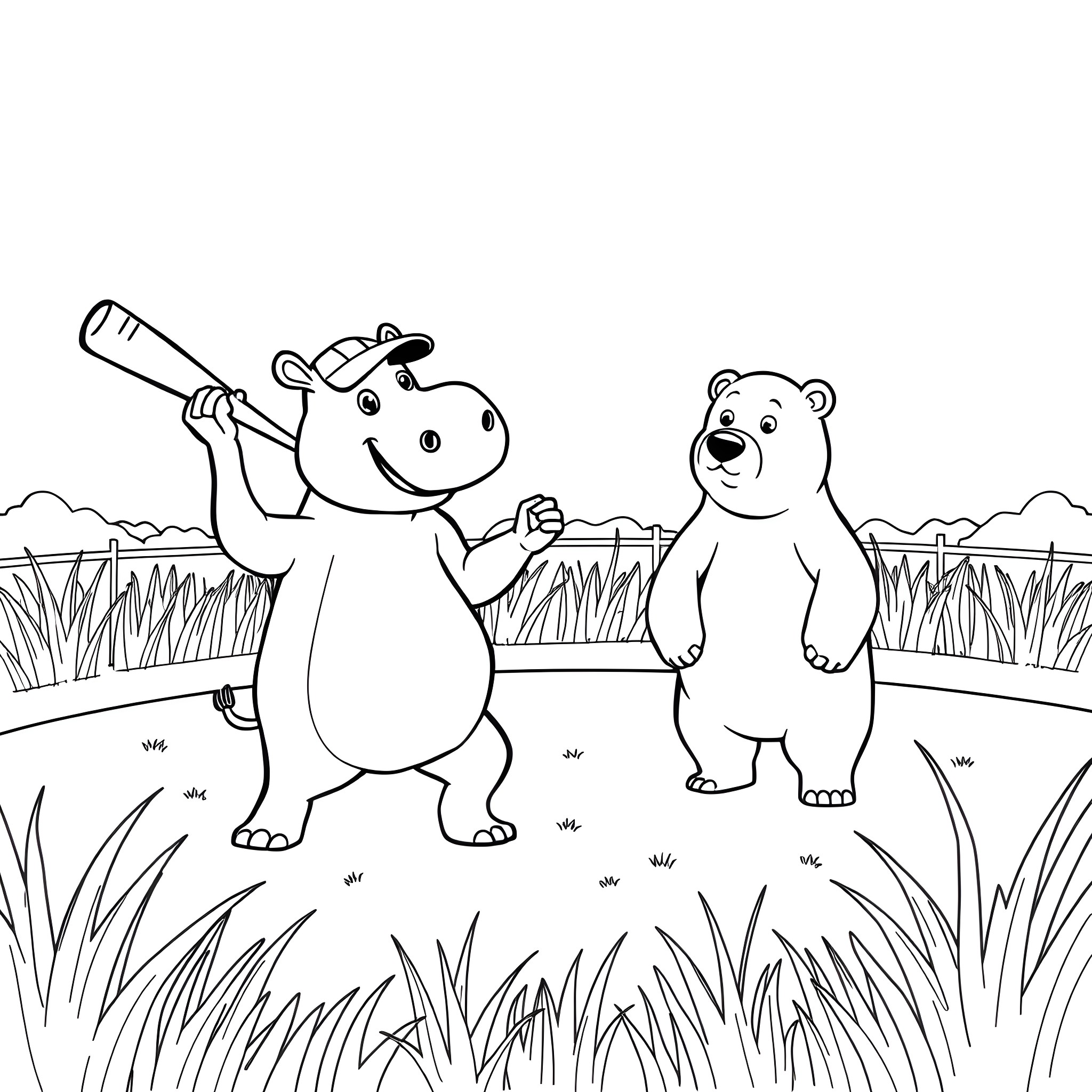 Tapir and bear playing in the field Coloring Page (free black-and-white line drawing printable PDF for all, from beginners to advanced learners, including children, teens, adults, and seniors)