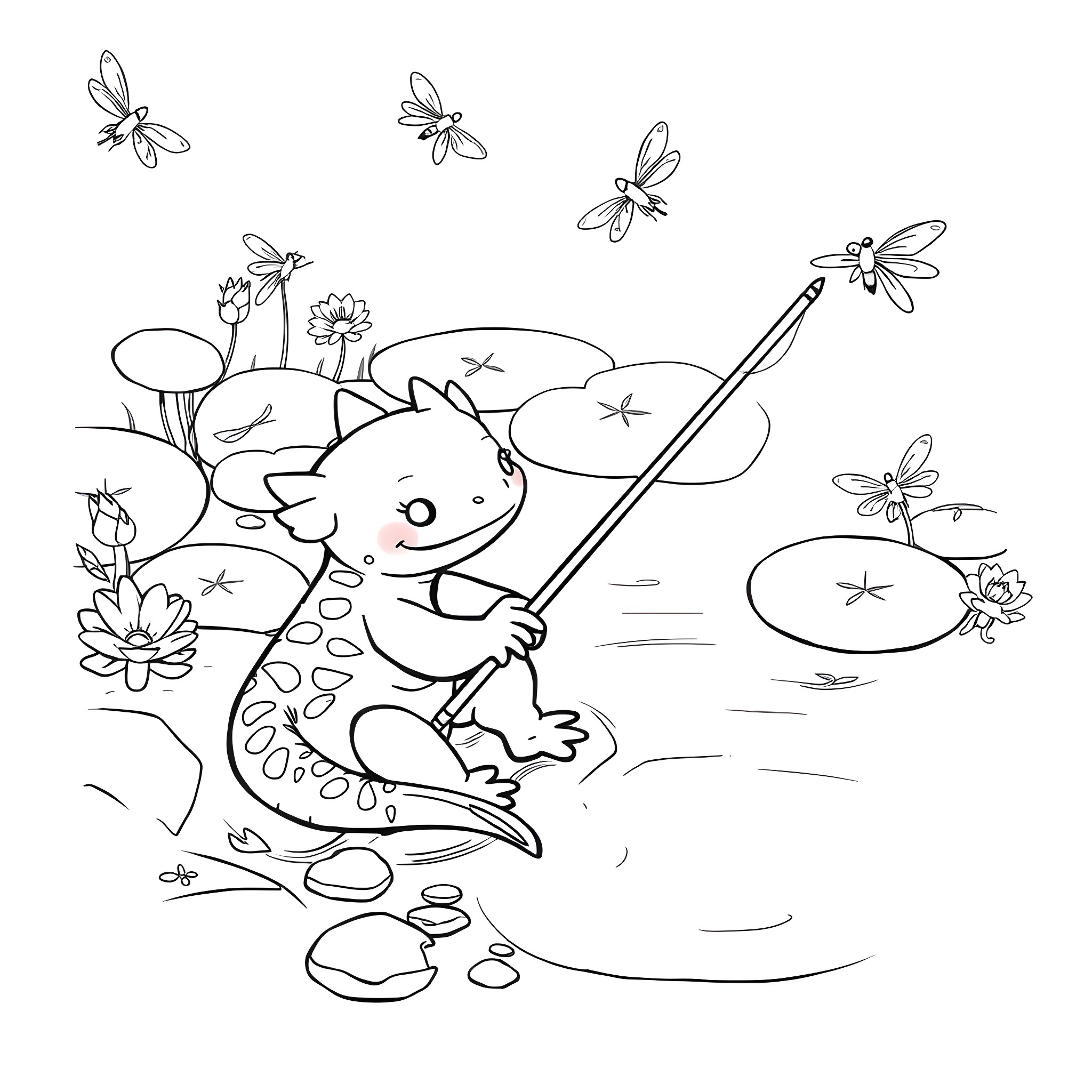 Axolotl playing among flowers and dragonflies Coloring Page (free black-and-white line drawing printable PDF for all, from beginners to advanced learners, including children, teens, adults, and seniors)