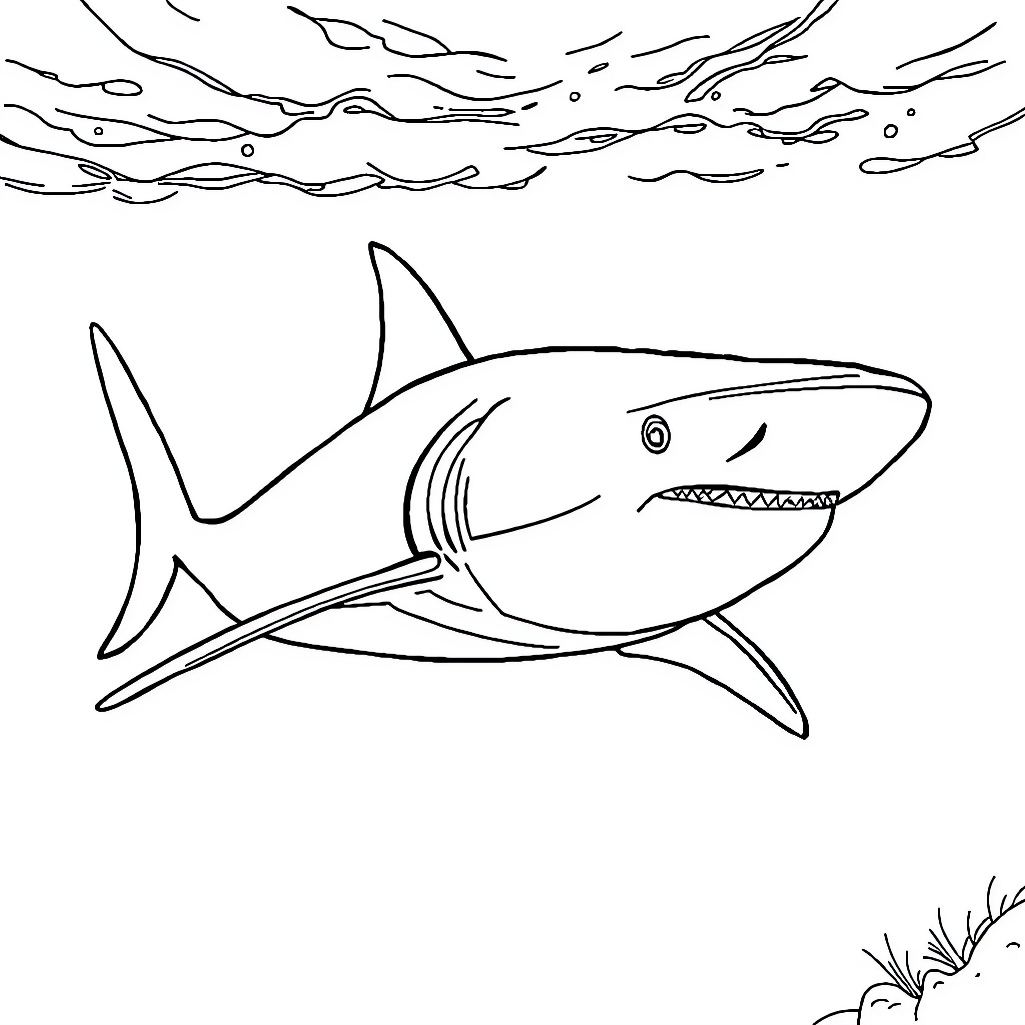 Shark swimming through the ocean Coloring Page (free black-and-white line drawing printable PDF for all, from beginners to advanced learners, including children, teens, adults, and seniors)