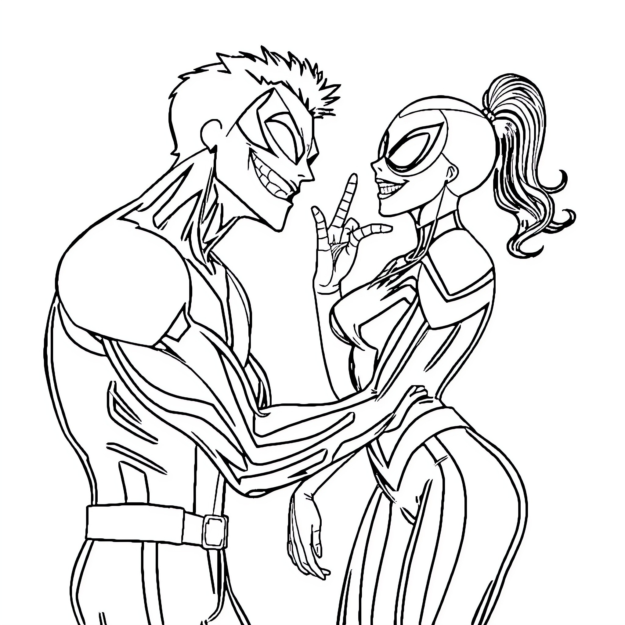 Miles Morales and Gwen Stacy in heroic moment Coloring Page (free black-and-white line drawing printable PDF for all, from beginners to advanced learners, including children, teens, adults, and seniors)