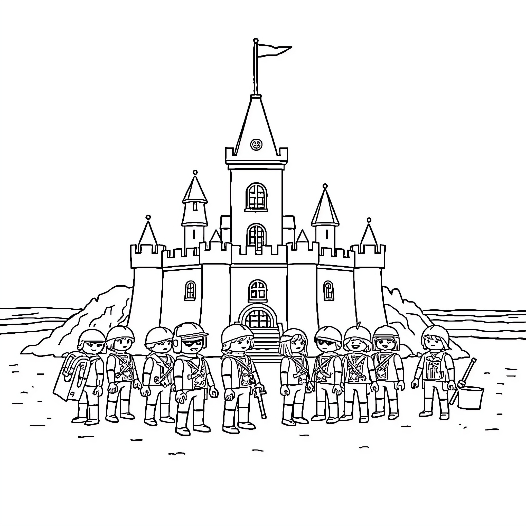 Playmobil knights guarding medieval castle Coloring Page (free black-and-white line drawing printable PDF for all, from beginners to advanced learners, including children, teens, adults, and seniors)