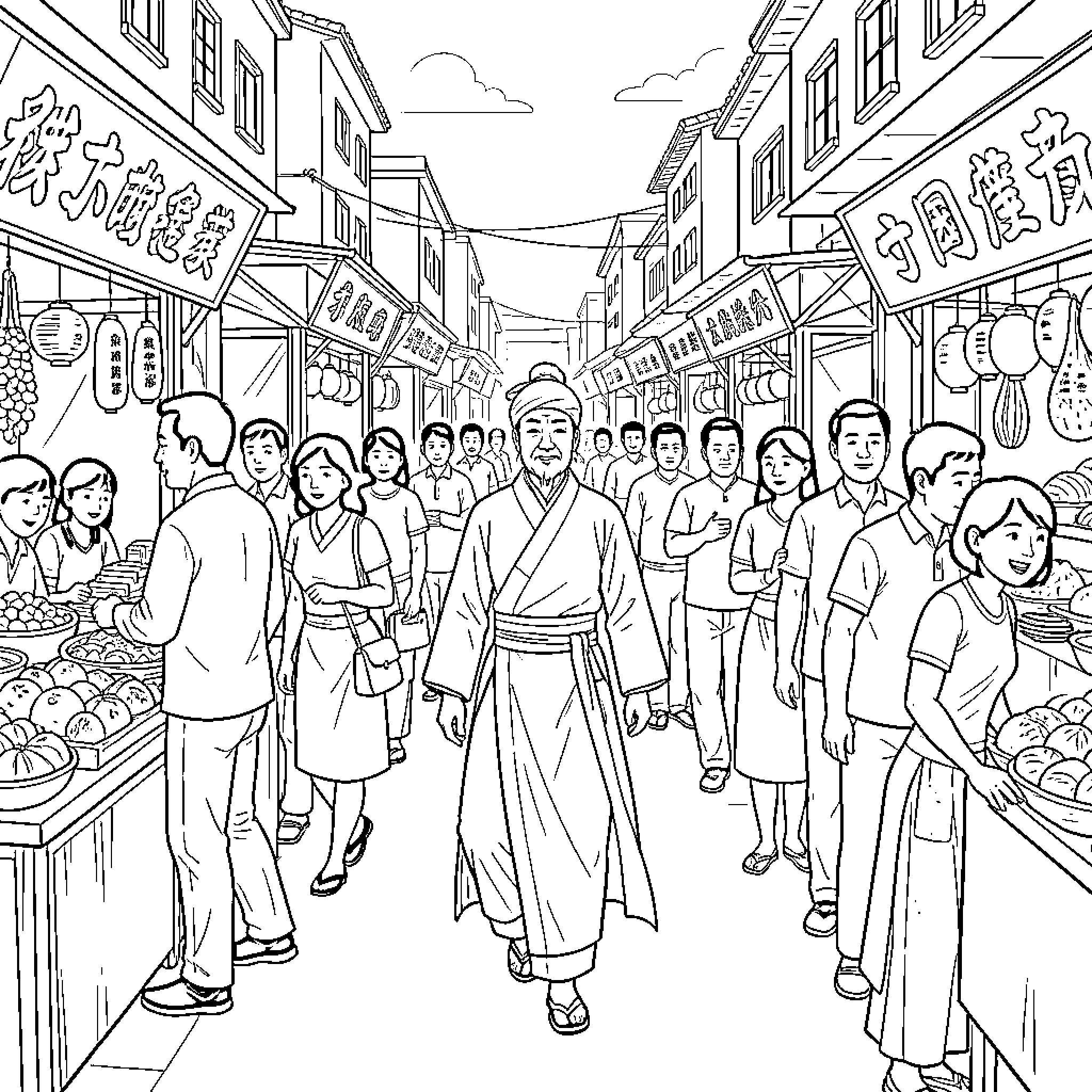 Bai Lijin walking through a crowded street market Coloring Page (free black-and-white line drawing printable PDF for all, from beginners to advanced learners, including children, teens, adults, and seniors)