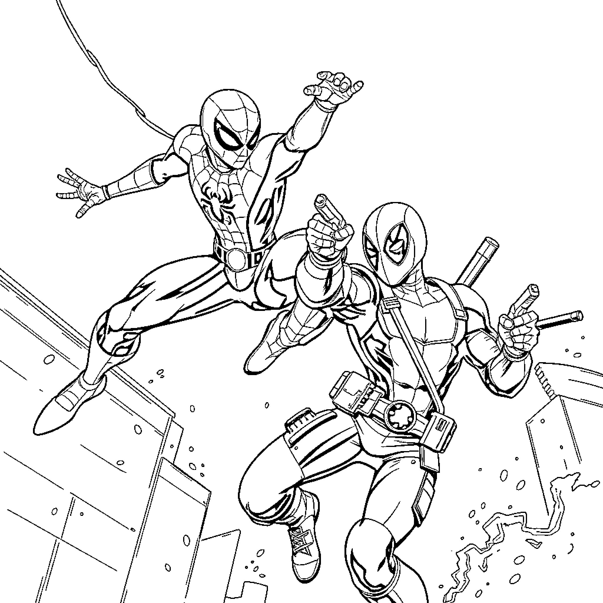 Spiderman and friends in action-packed adventure Coloring Page (free black-and-white line drawing printable PDF for all, from beginners to advanced learners, including children, teens, adults, and seniors)