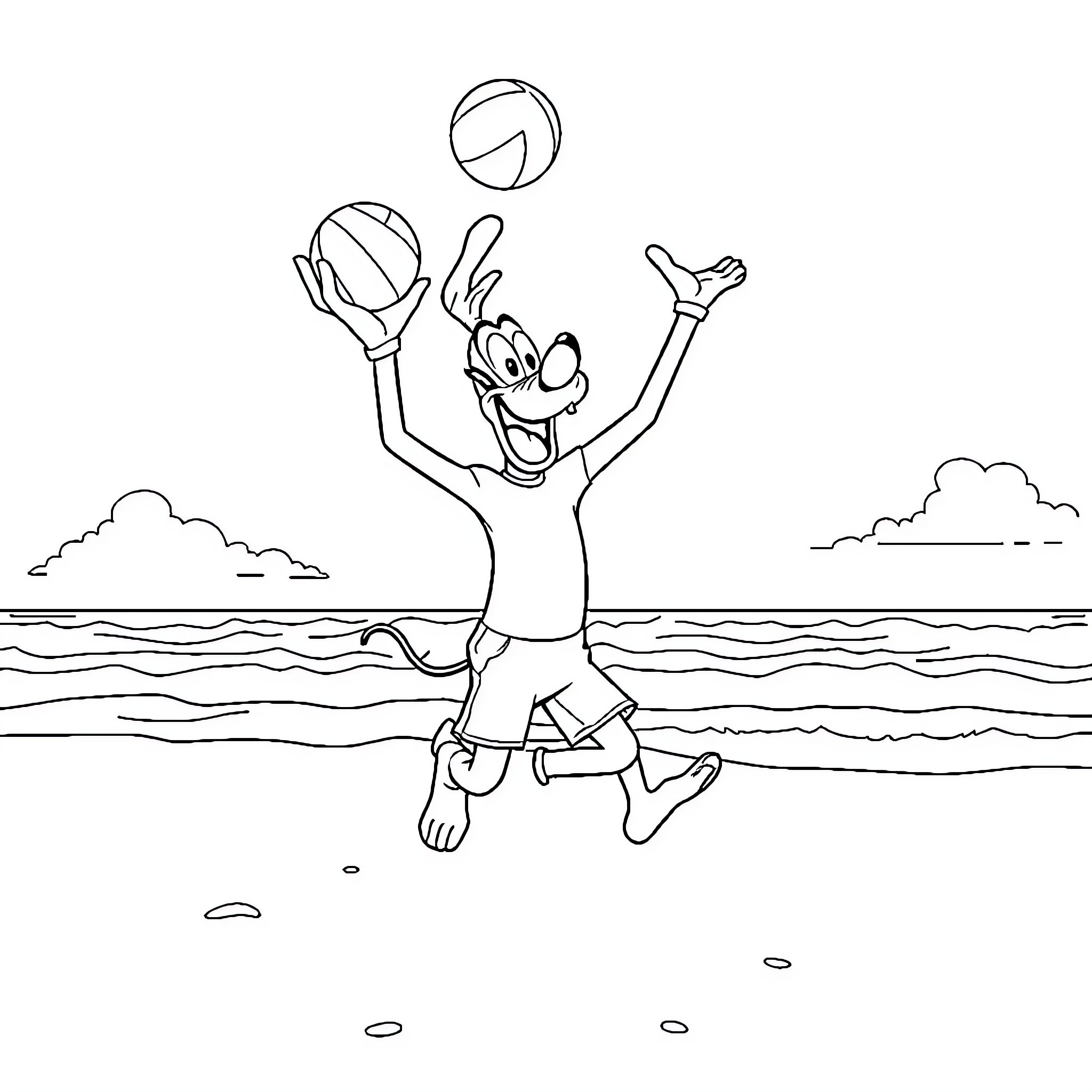 Goofy character playing with beach ball by the ocean Coloring Page (free black-and-white line drawing printable PDF for all, from beginners to advanced learners, including children, teens, adults, and seniors)