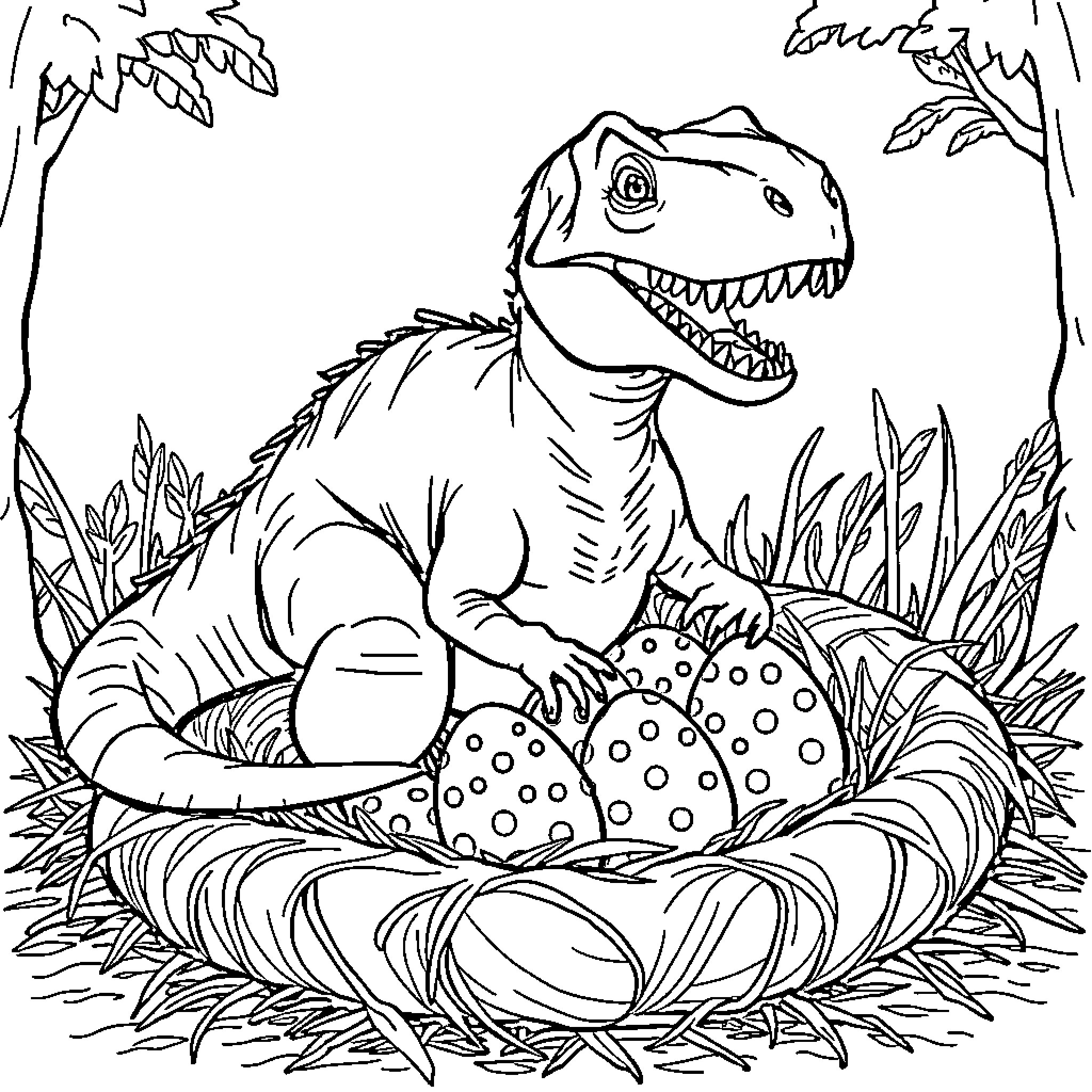 T-Rex Guarding Nest with Spotted Eggs Coloring Page (free black-and-white line drawing printable PDF for all, from beginners to advanced learners, including children, teens, adults, and seniors)