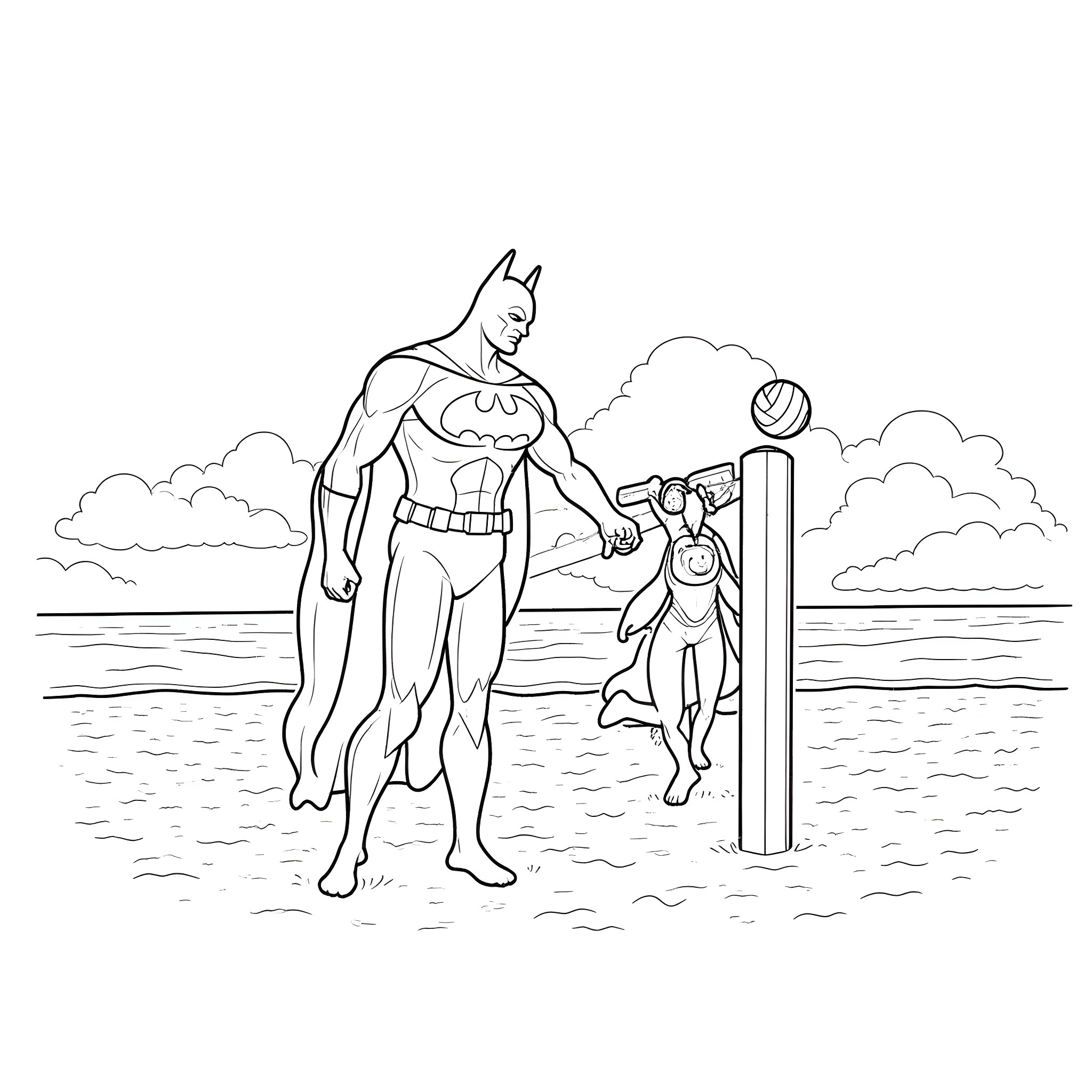Batman saves child from peril in the city Coloring Page (free black-and-white line drawing printable PDF for all, from beginners to advanced learners, including children, teens, adults, and seniors)