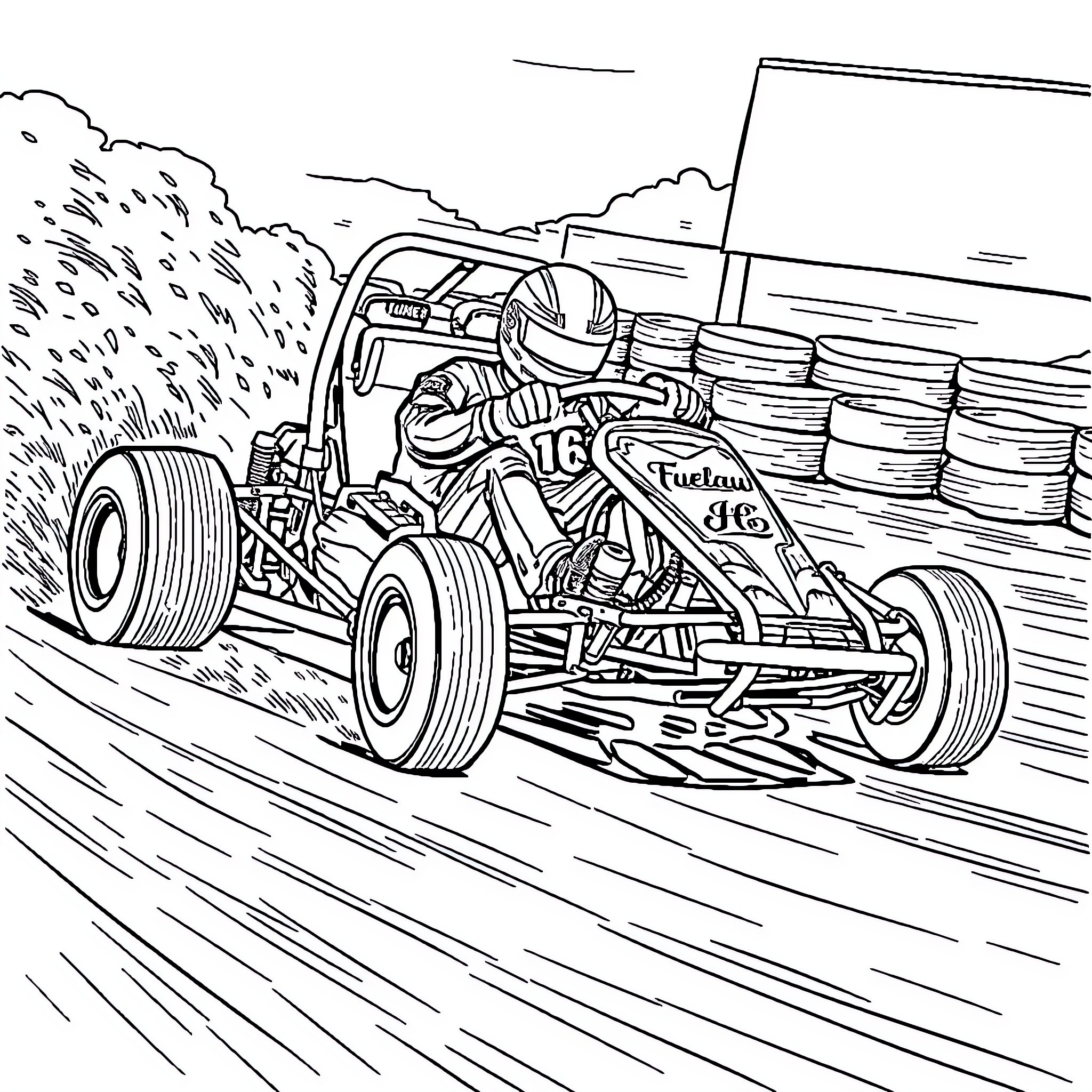 Outlaw Kart Racing Through Obstacles Coloring Page (free black-and-white line drawing printable PDF for all, from beginners to advanced learners, including children, teens, adults, and seniors)