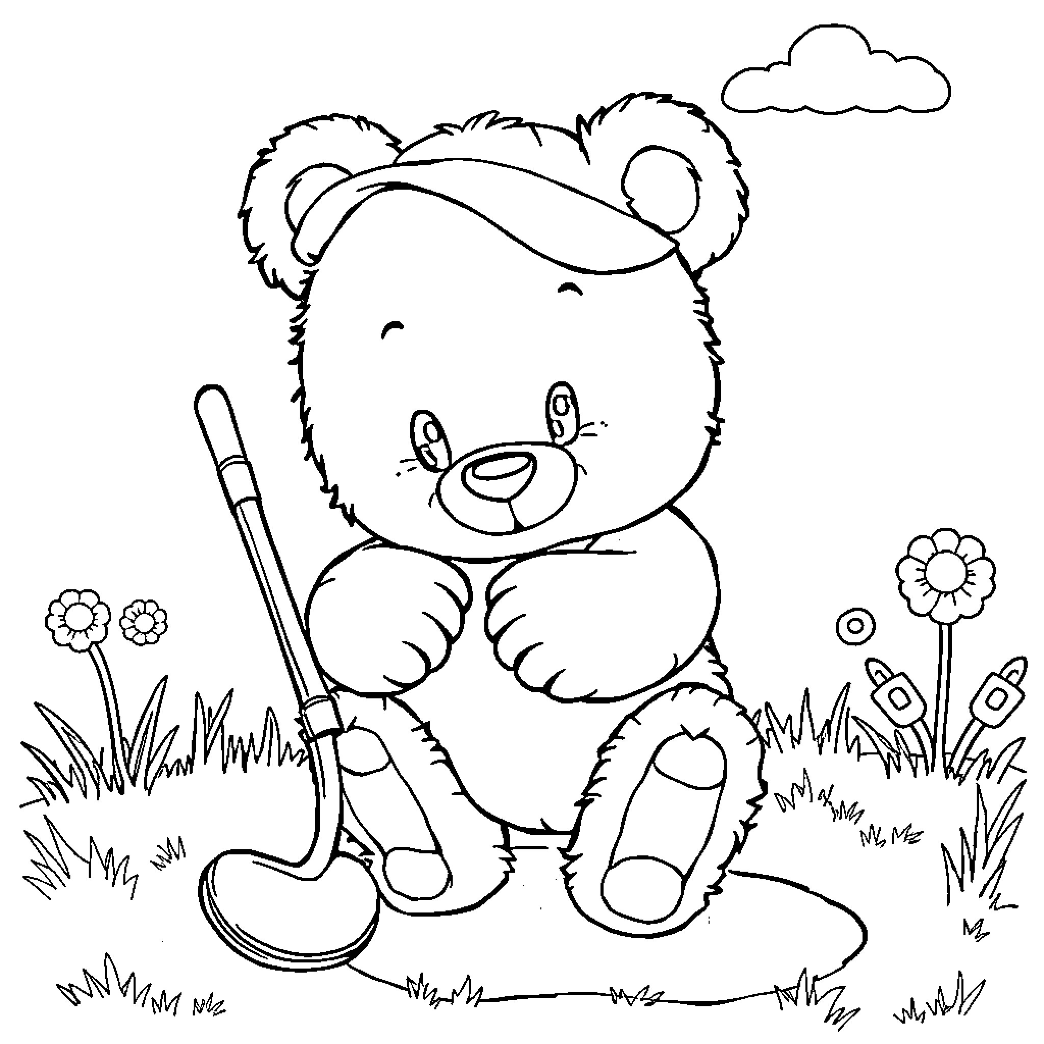 Teddybear playing with gardening tools in a field Coloring Page (free black-and-white line drawing printable PDF for all, from beginners to advanced learners, including children, teens, adults, and seniors)