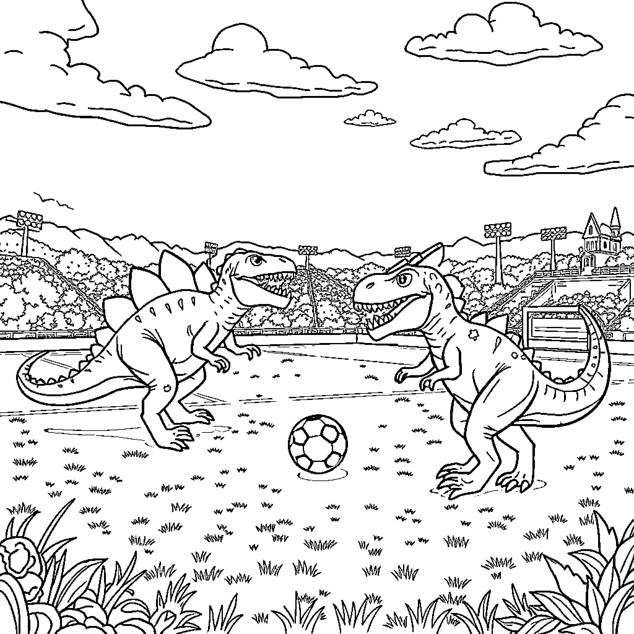 Dinosaurs playing soccer in a fantasy landscape Coloring Page (free black-and-white line drawing printable PDF for all, from beginners to advanced learners, including children, teens, adults, and seniors)